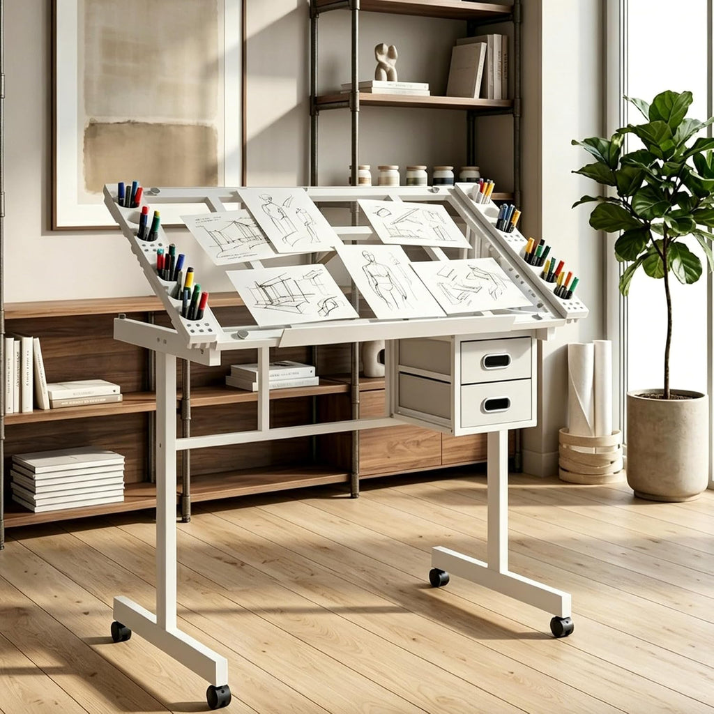 Rolling Drafting Table with Storage and Wheels, Tempered Glass Table Top