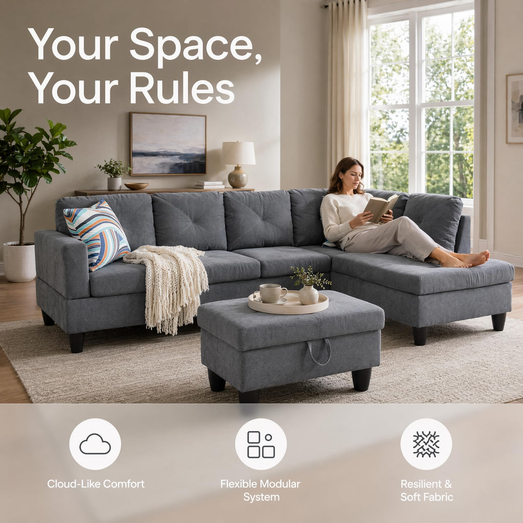 97.5" Leather L Shaped Couch with Left Chaise & Cup Holder, Sectional Sofas Modular Furniture Set with Storage Ottoman, Convertible Couches for Living Room, Office & Small Space (Black)