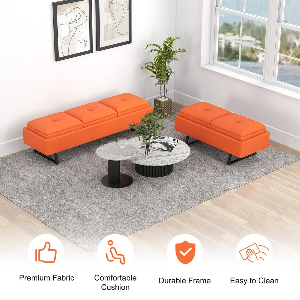 MOTION Leather Bench Waiting Room Chairs - 3 Seat Office Guest Reception Bench with Cushion, Waiting Room Bench Seating, Office Furniture Lobby Chairs for Salon, Shop, Set of 2, Orange