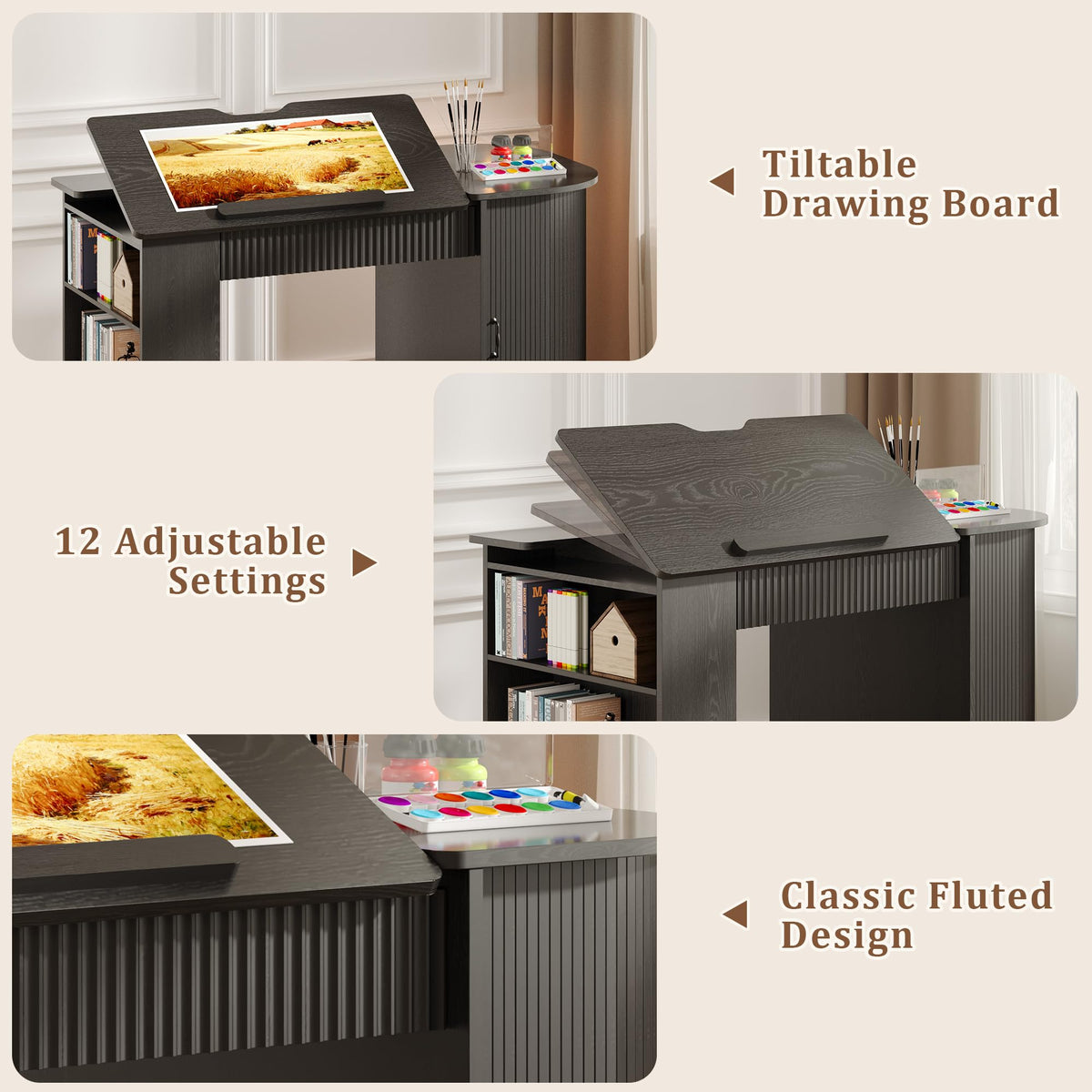 Fluted Drafting Table with Storage, Adjustable Drawing Desk (Walnut)
