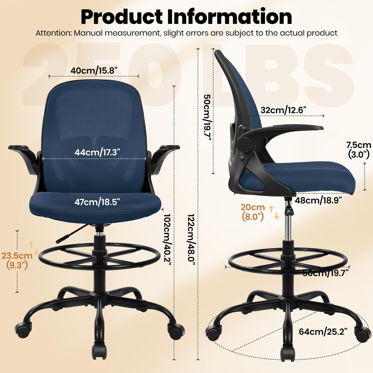 Drafting Chair Tall Office Chair with Flip-up Armrests, Adjustable Height, and Enhanced Lumbar Support - Ergonomic Rolling Stool, Back Support, and Adjustable Foot Rest Ring for Standing Desk White