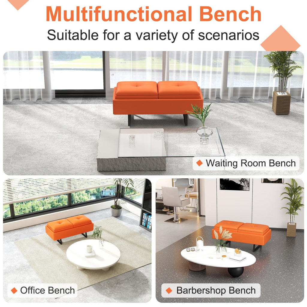 MOTION Leather Bench Waiting Room Chairs - 3 Seat Office Guest Reception Bench with Cushion, Waiting Room Bench Seating, Office Furniture Lobby Chairs for Salon, Shop, Set of 2, Orange