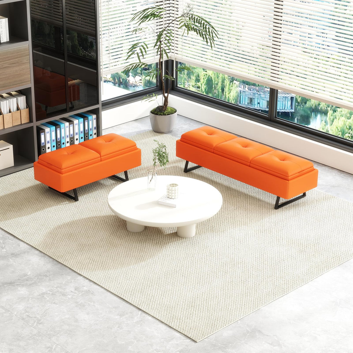 MOTION Leather Bench Waiting Room Chairs - 3 Seat Office Guest Reception Bench with Cushion, Waiting Room Bench Seating, Office Furniture Lobby Chairs for Salon, Shop, Set of 2, Orange