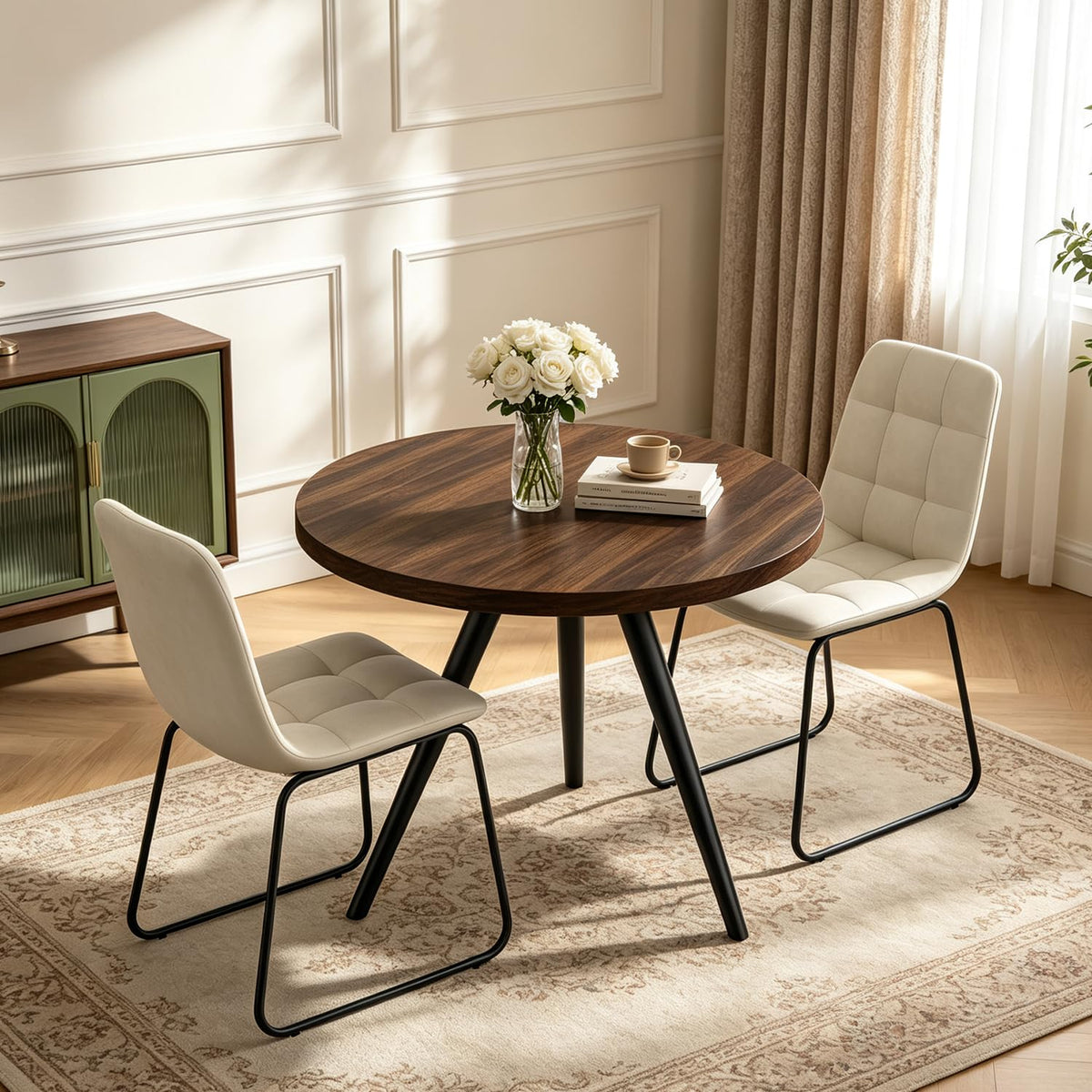 34.6" Round Dining Table Set for 4, Modern Kitchen Coffee Table Set, Walnut