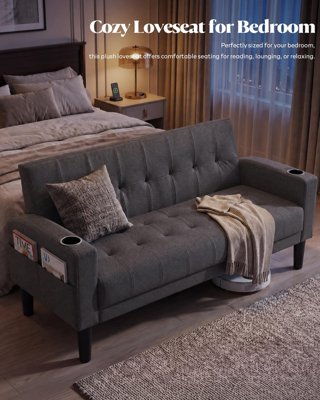 2 Piece Dark Grey Fabric Linen Mid Century Modern Living Room Sofa Set