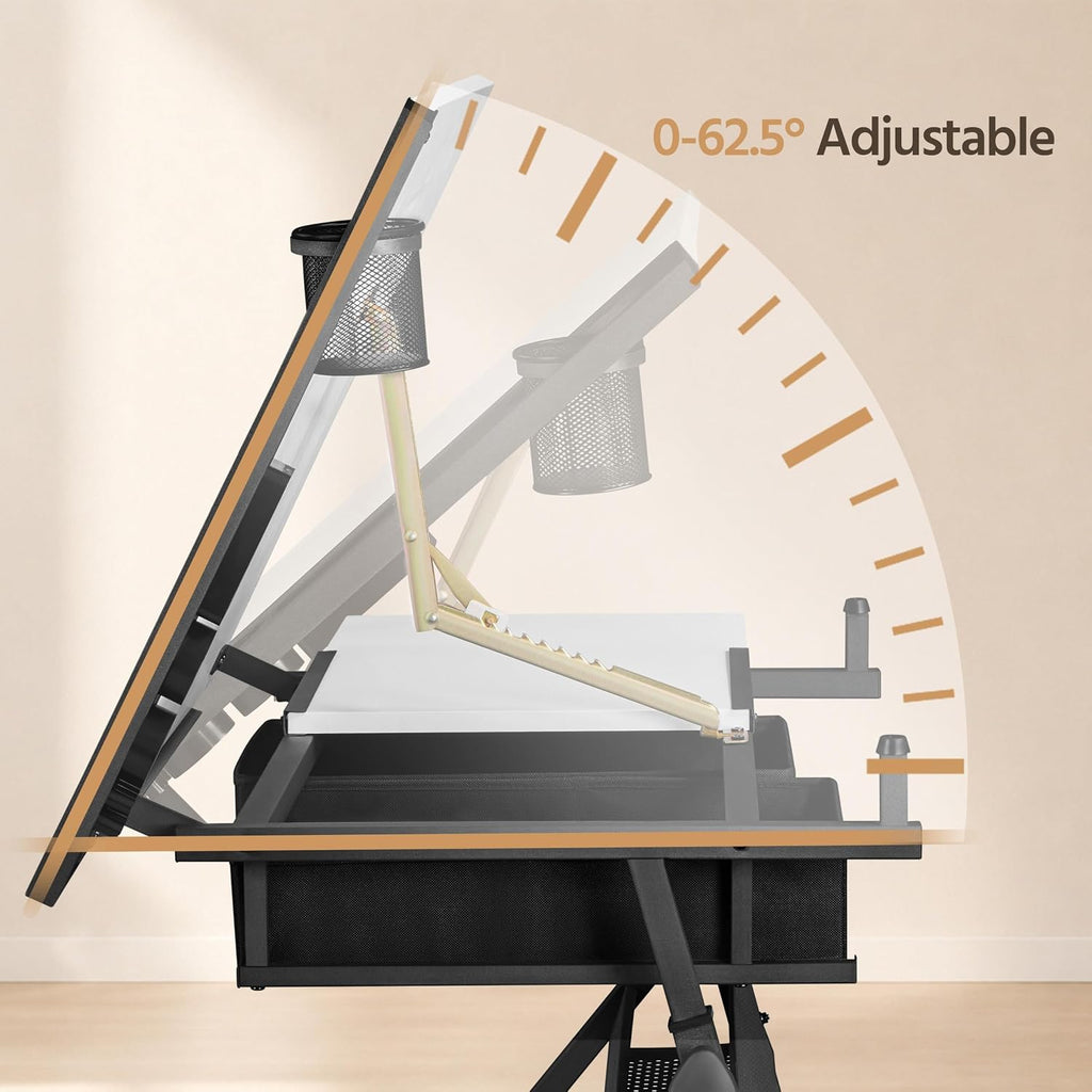 Yaheetech Adjustable Drafting Table Art Desk,Storage Drawers & Stool,White