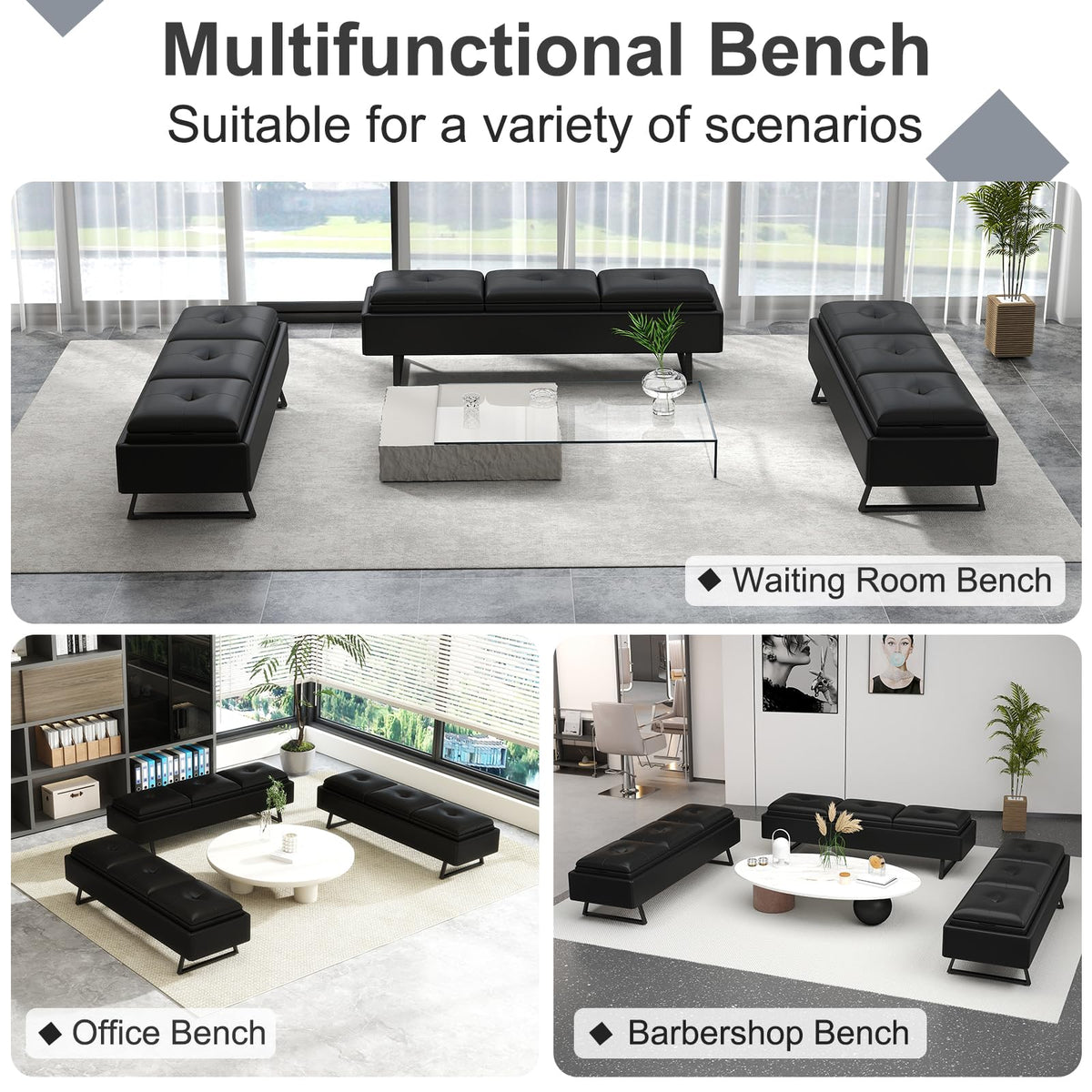 MOTION Leather Bench Waiting Room Chairs - 3 Seat Office Guest Reception Bench with Cushion, Waiting Room Bench Seating, Office Furniture Lobby Chairs for Salon, Shop, Set of 2, Orange