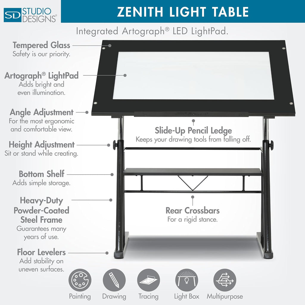 Studio Designs Zenith Drafting Light Table with Built-in ArtographÂ® LED Light Pad, Adjustable Height & Angle Glass Drafting Desk, Modern Artist Workstation for Drawing, Tracing, Drafting & Design