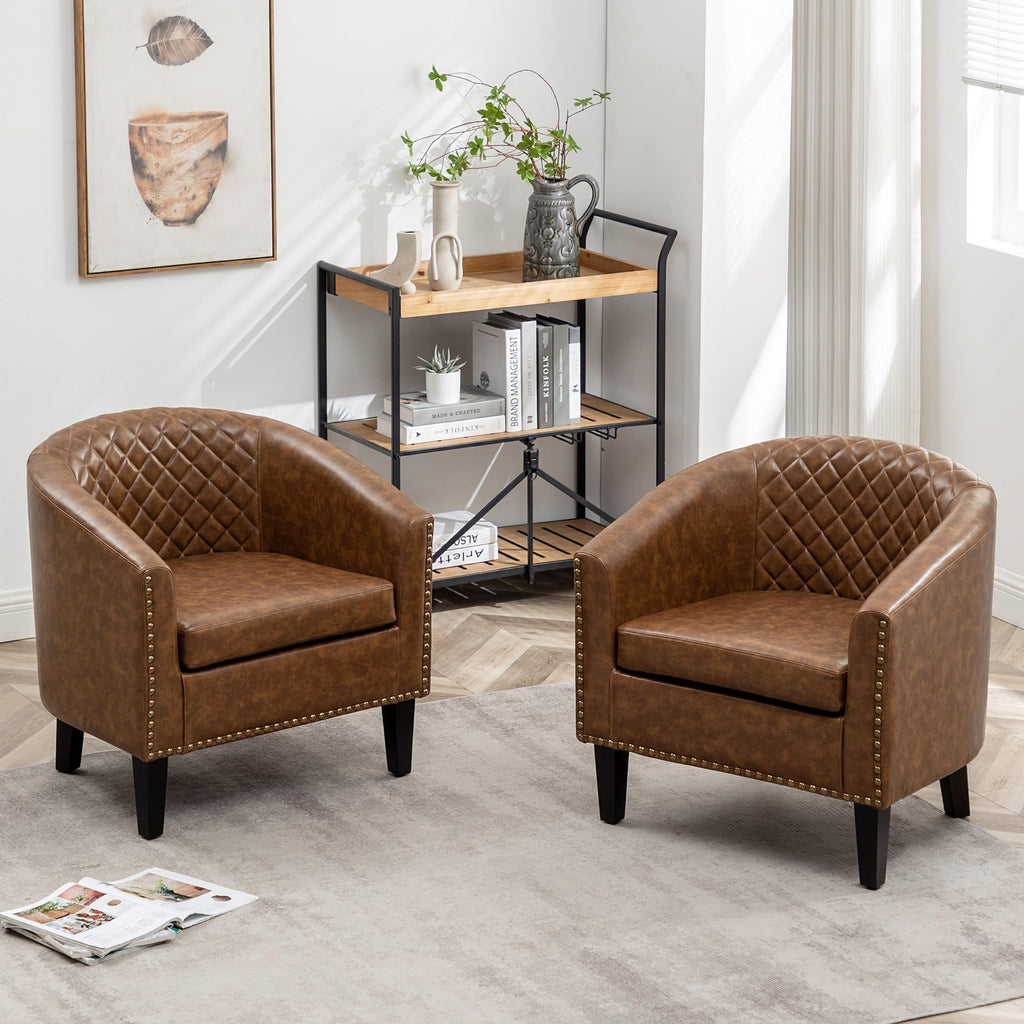 KINWELL 29" W Faux Leather Tufted PU Barrel Club Chairs Set of 2, Black
