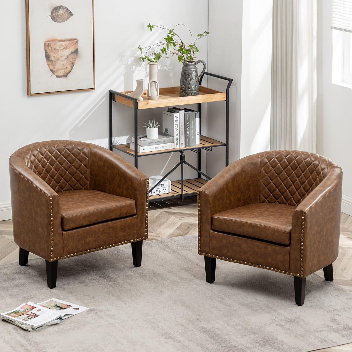 KINWELL 29" W Faux Leather Tufted PU Barrel Club Chairs Set of 2, Black