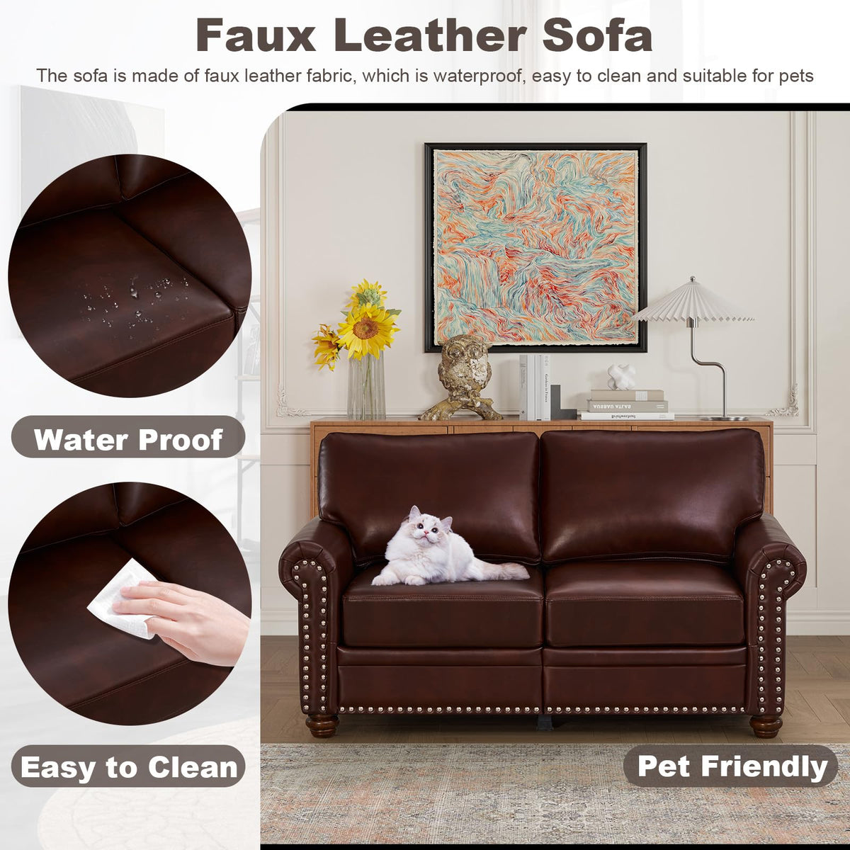 2 Piece Faux Leather Sofa Set,Modern Couch and Loveseat Sets with Storage,Mid Century Couch with Rivet Rolled Arm,Comfy Deep Seat Sofa,Furniture for Living Room,Office(Loveseat+3 Seater,Navy)