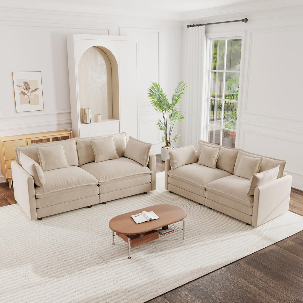 mikibama Luxury 2 Piece Loveseat Couch & Sofa Armchair Set, Modern Upholstered Chenille Cloud Couches Set Furniture with 5 Pillow for Living Room Bedroom Office Apartment, Evergreen