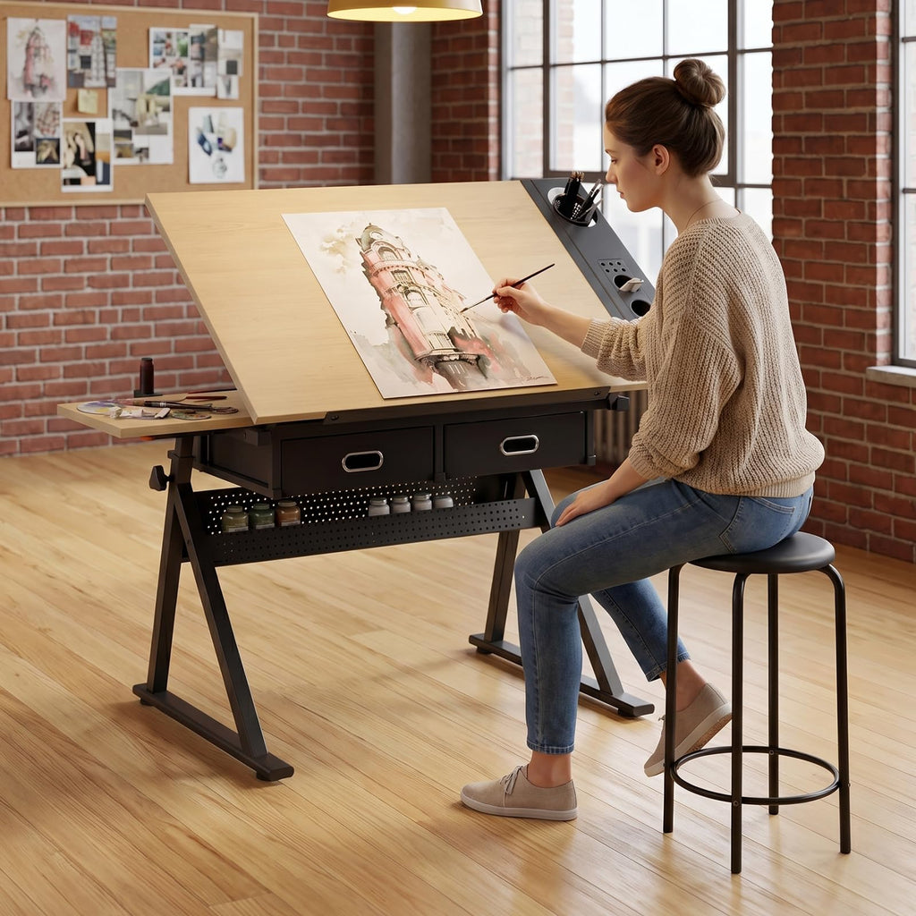 Height Adjustable Drafting Table w/Stool, Painting Table Art Craft Desk Crafting Drawing Desk with Tilting Tabletop, 2 Storage Drawers for Artist Painters (Rustic Brown)