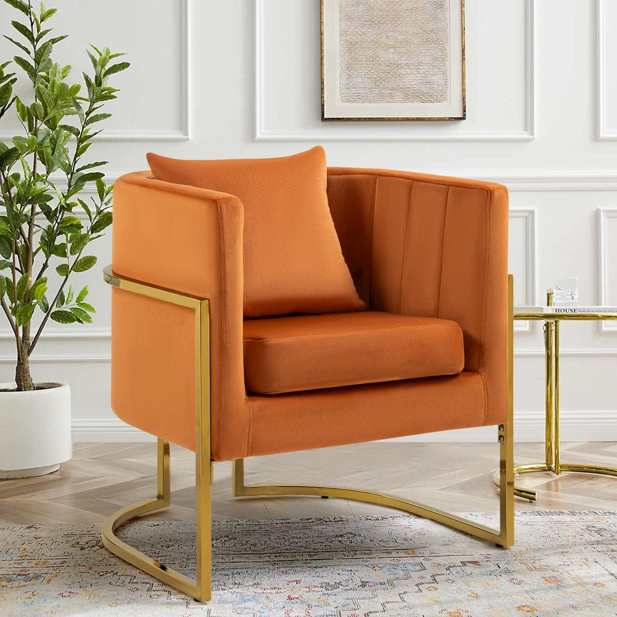 Velvet Accent Barrel Chairs Set of 2, Modern Arm Club Chair Set with Pillow for Living Room/Bedroom/Guest Reception, Channel Tufted, Gold Finish Base, Orange