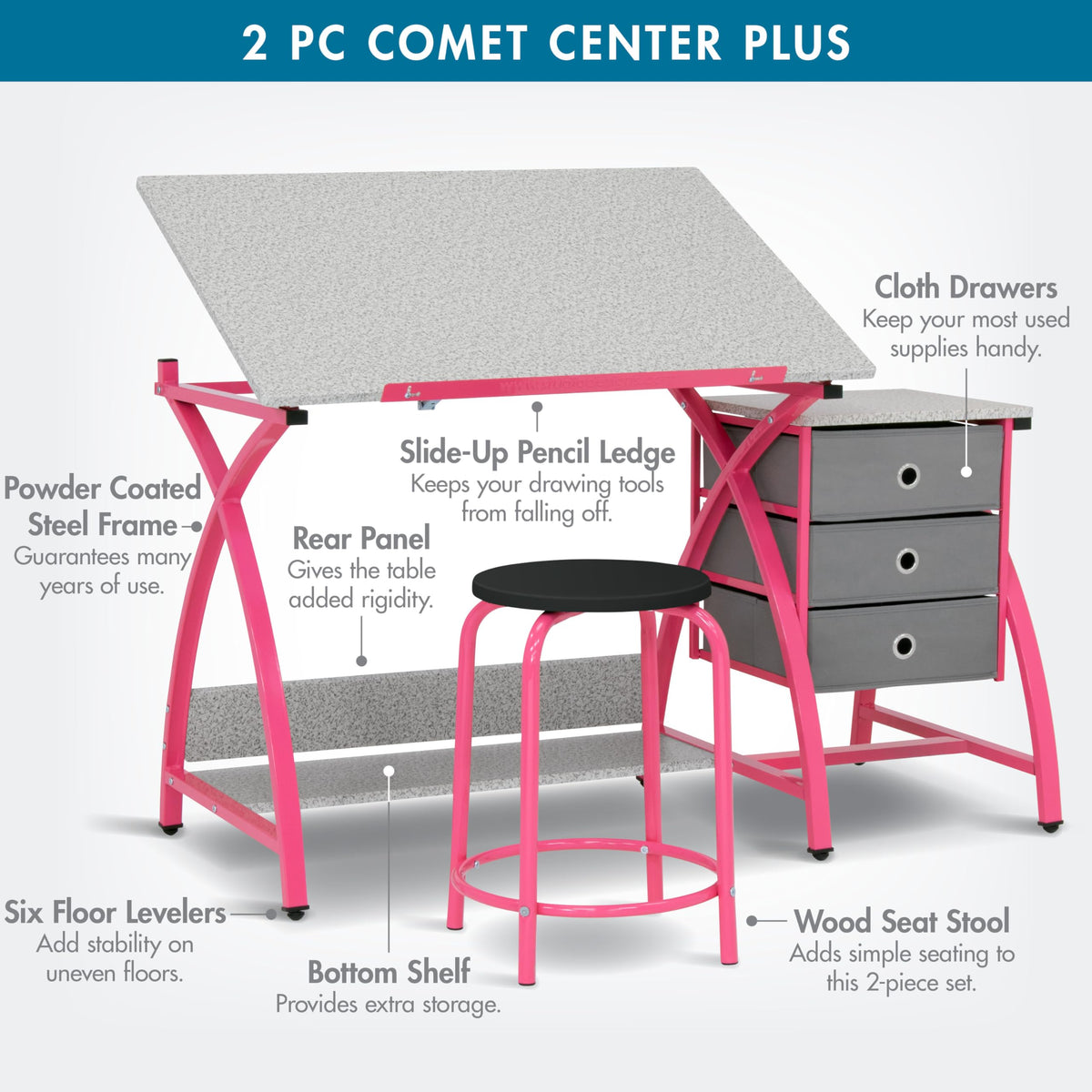 SD Studio Designs 2 Piece Comet Center Plus, Craft Table and Matching Stool Set with Storage and Adjustable Top, Silver/Black