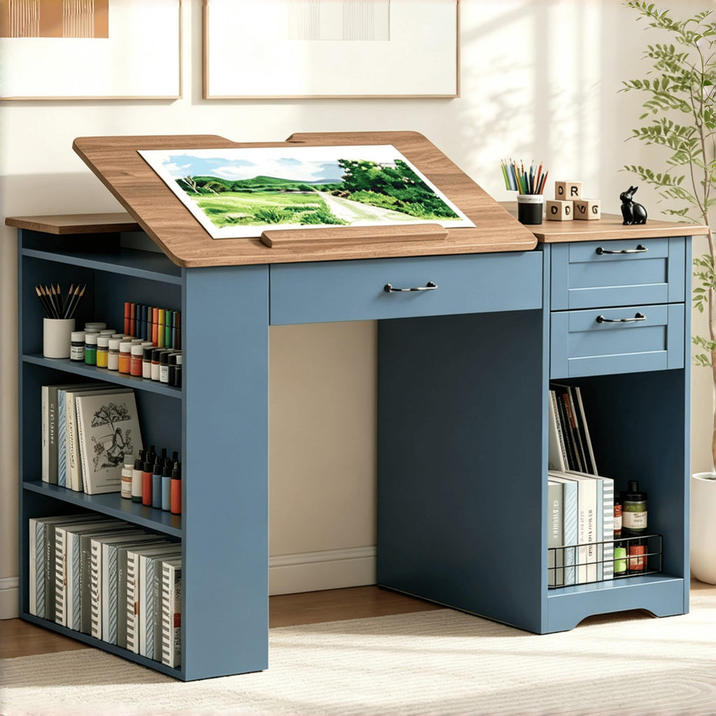 Drafting Table with Storage Cabinet & Drawers, Adjustable Drawing Desk with Open Shelves, Craft Table Painting Desk for Artists, Painters, Drawing, Crafting, Reading, Writing, Working