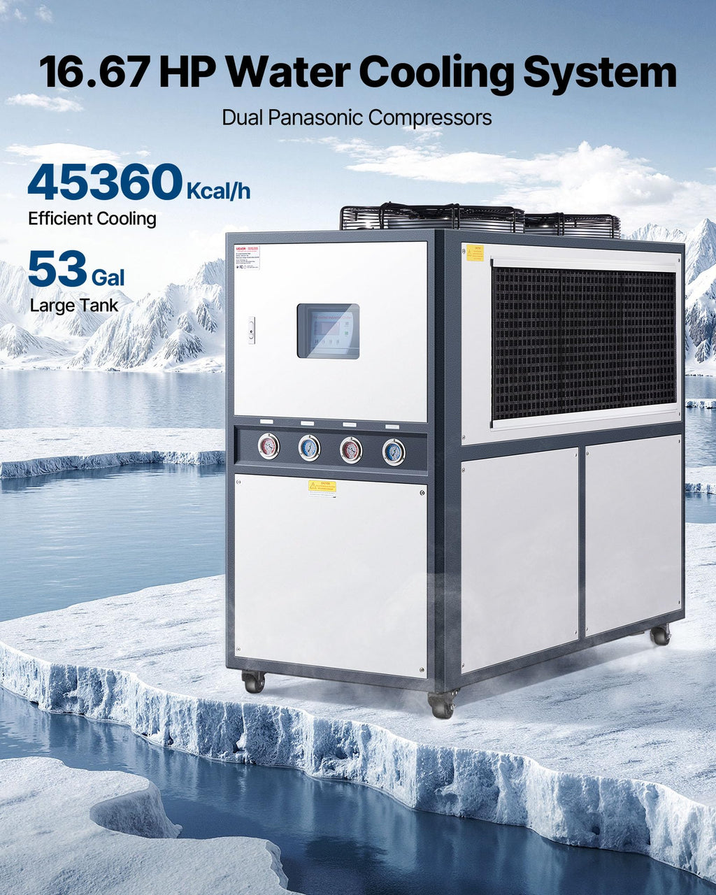 VEVOR Air Cooled Water Chiller, 5 Ton Portable, 5HP/3.75KW Compressor Motor, 53L Capacity Stainless Steel Water Tank, Finned Condenser with Micro-Computer Control, Industrial Chiller for Cooling Water