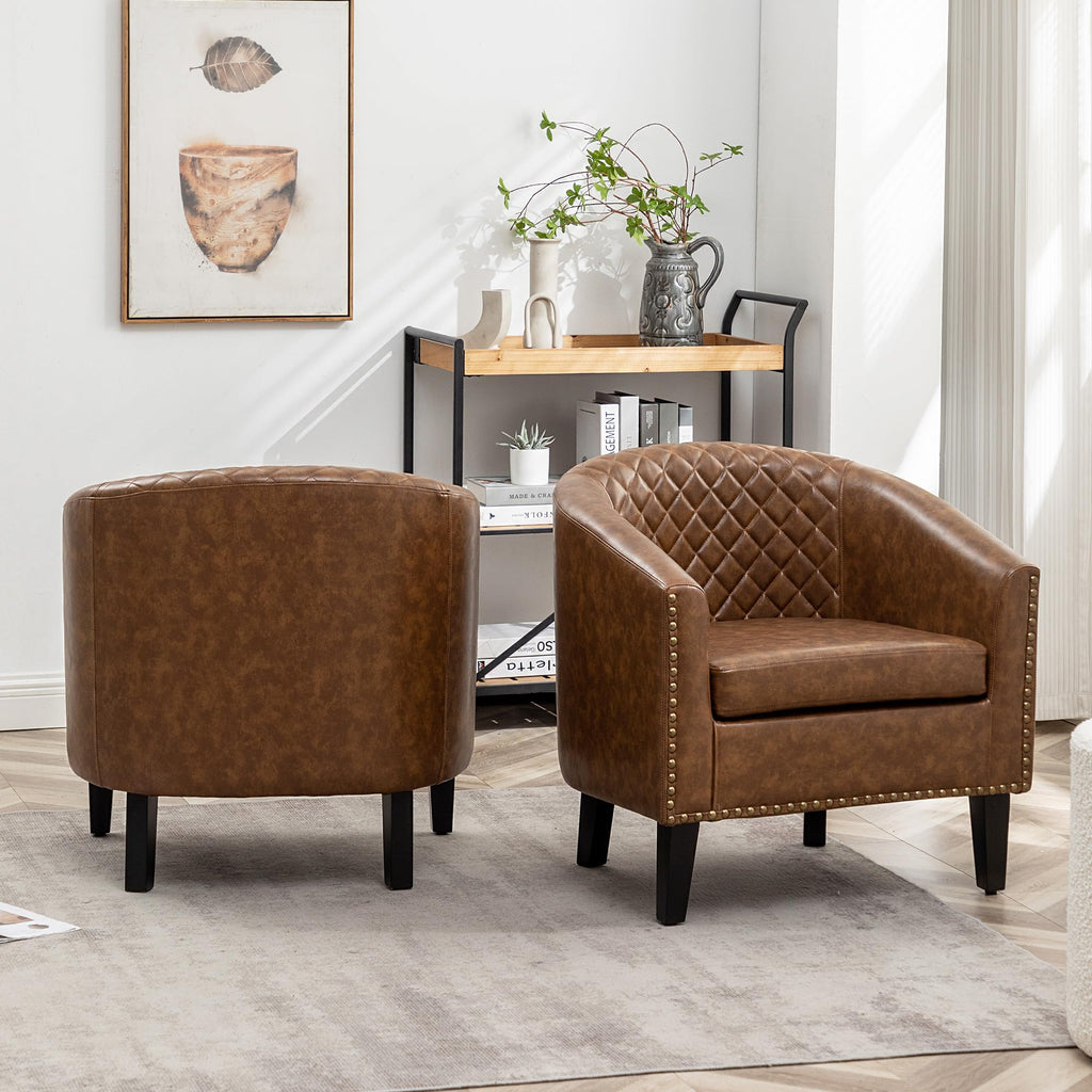 KINWELL 29" W Faux Leather Tufted PU Barrel Club Chairs Set of 2, Black