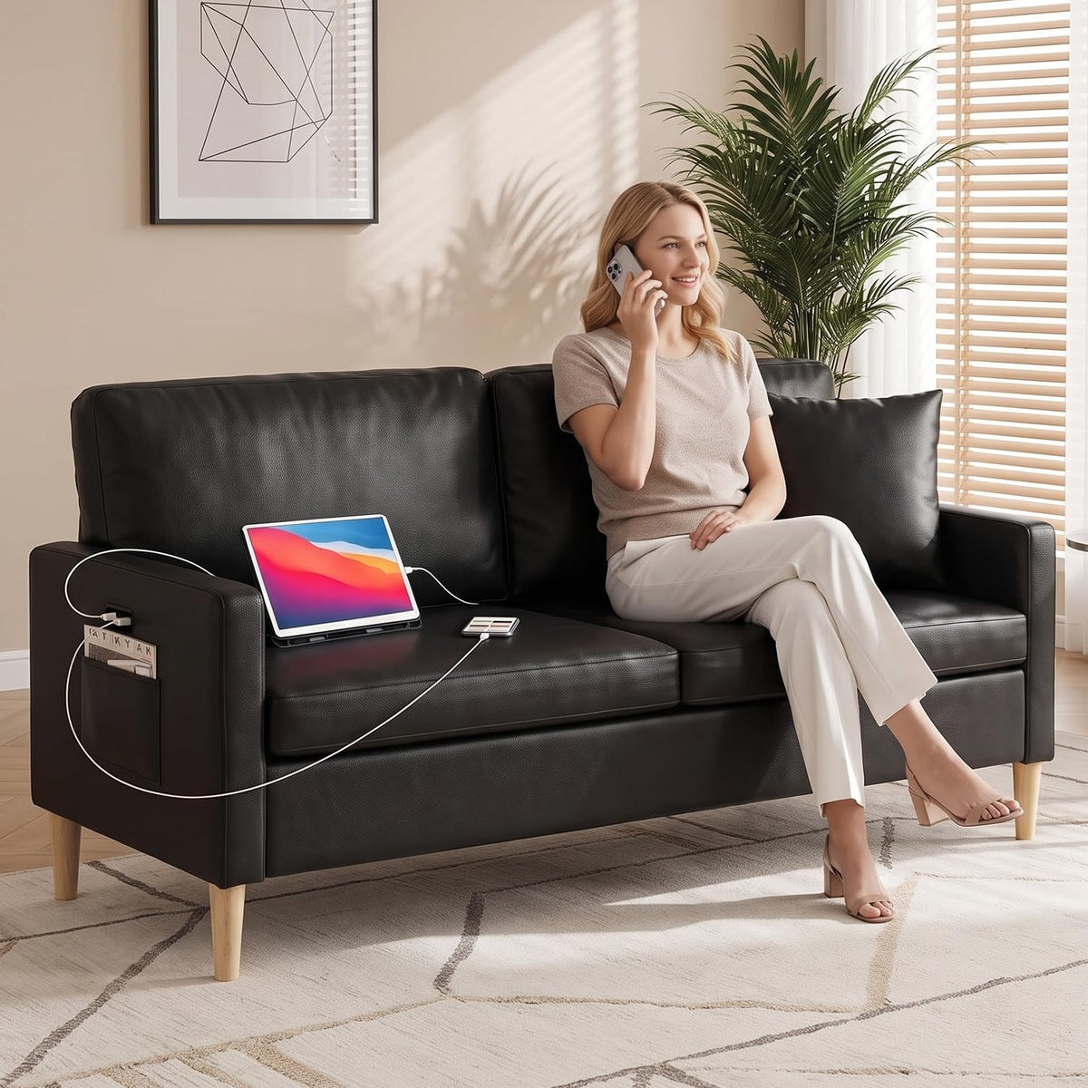 3 Piece Black Faux Leather Modern Small Couch and Chair Set for Office