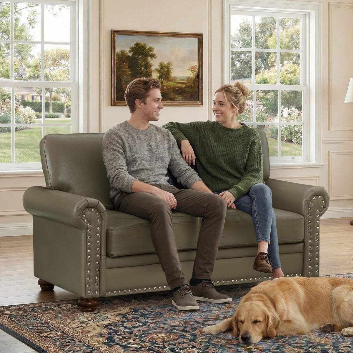 2 Piece Couch Sets for Living Room,Mid Century Modern Couch with Storage Nailhead Trim & Rolled Armrests,Deep Seat Comfy Couch,Furniture Set for Living Room,Bedroom,Office(Navy Blue,Loveseat+3 Seater)