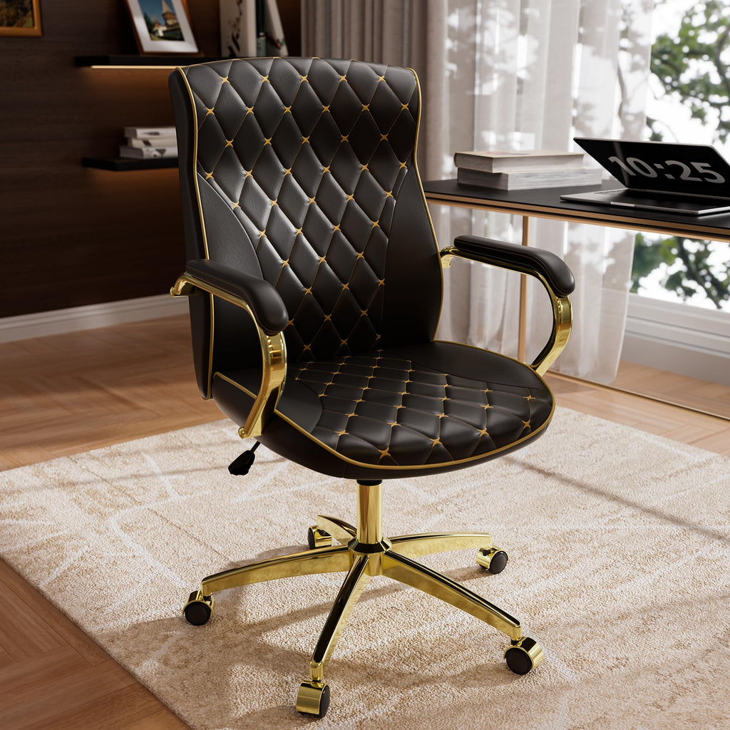HomeZeer White and Gold Office Chair, Luxury Leather Executive Desk Chair