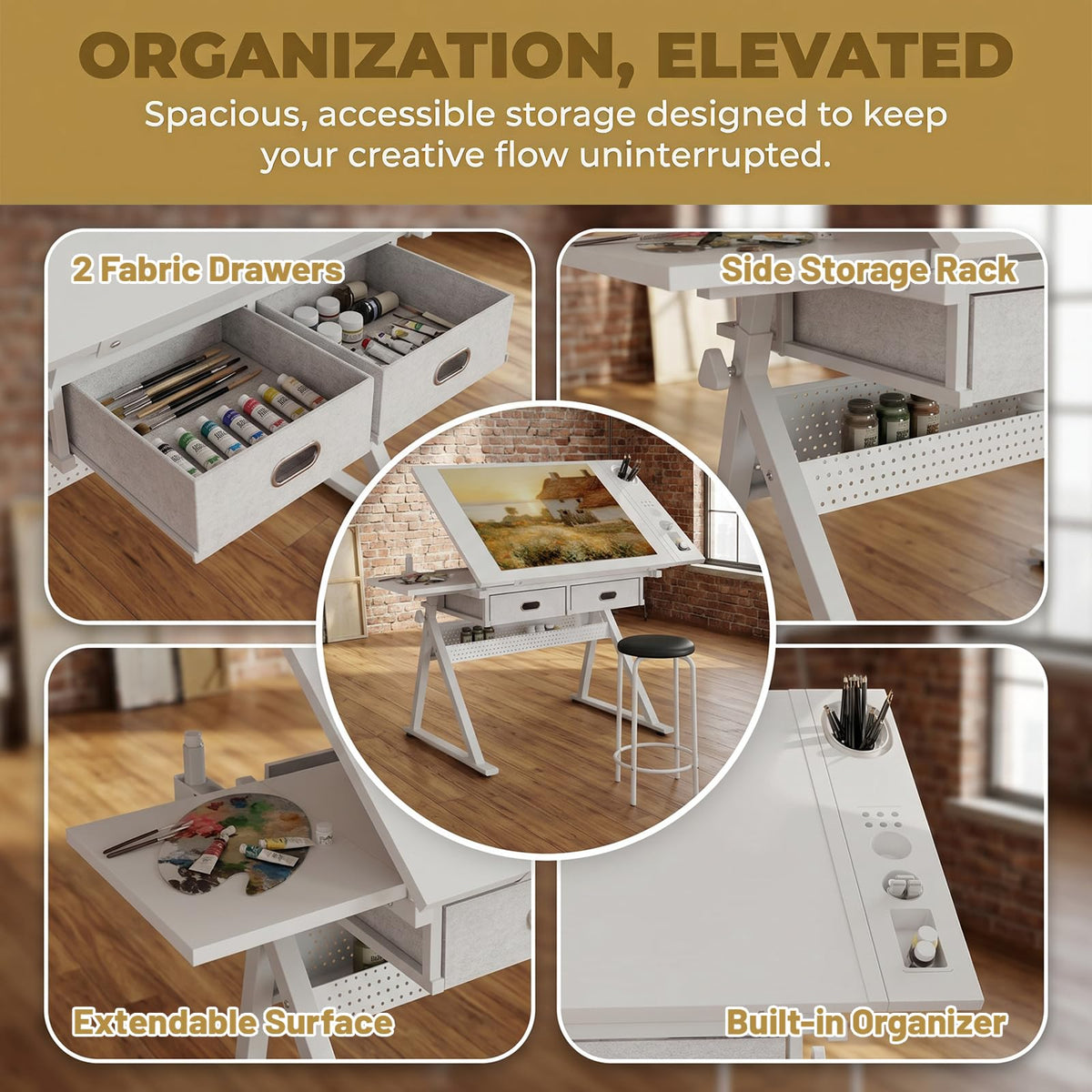 Height Adjustable Drafting Table w/Stool, Painting Table Art Craft Desk Crafting Drawing Desk with Tilting Tabletop, 2 Storage Drawers for Artist Painters (Rustic Brown)