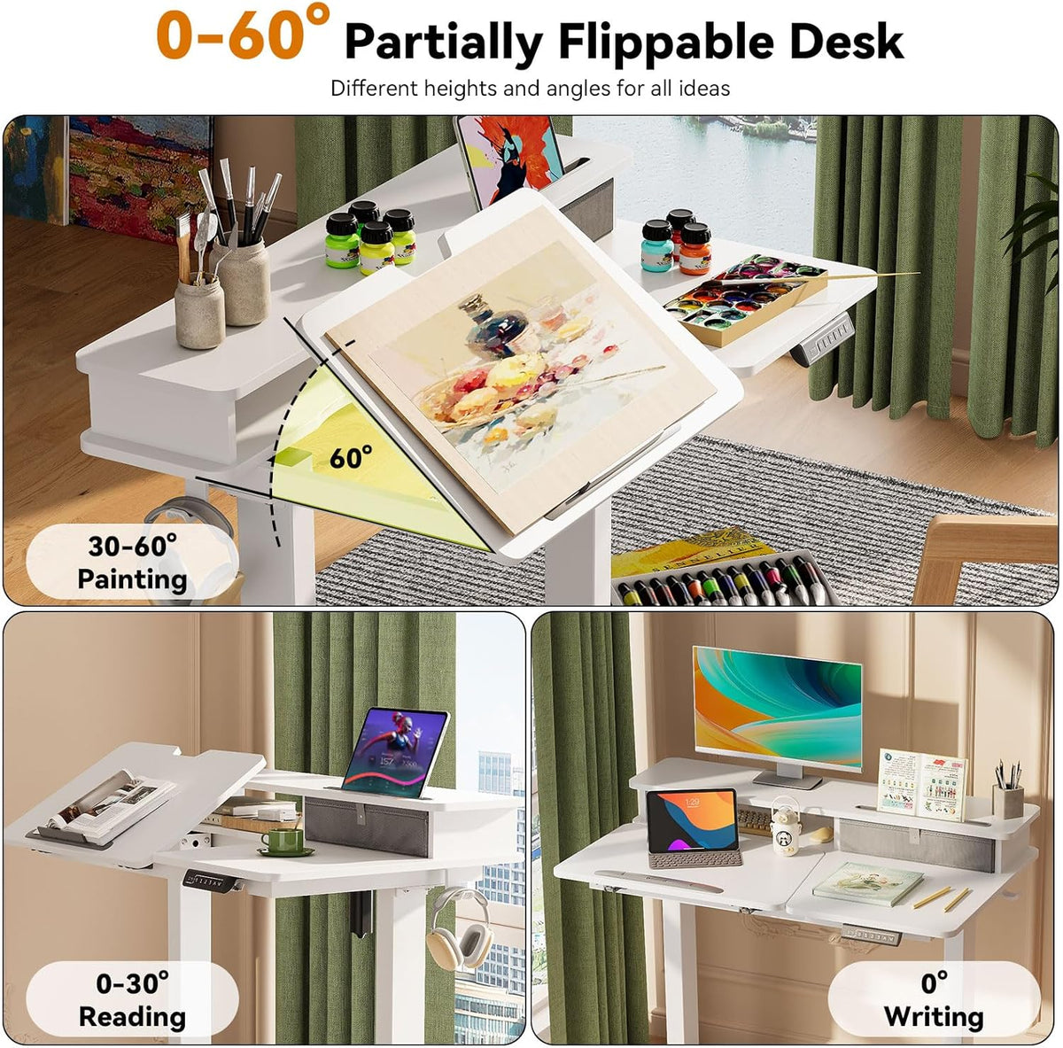 Gibbon Mounts 40â Standing Desk 60Â° Tilt Electric Drafting Table with Shelf