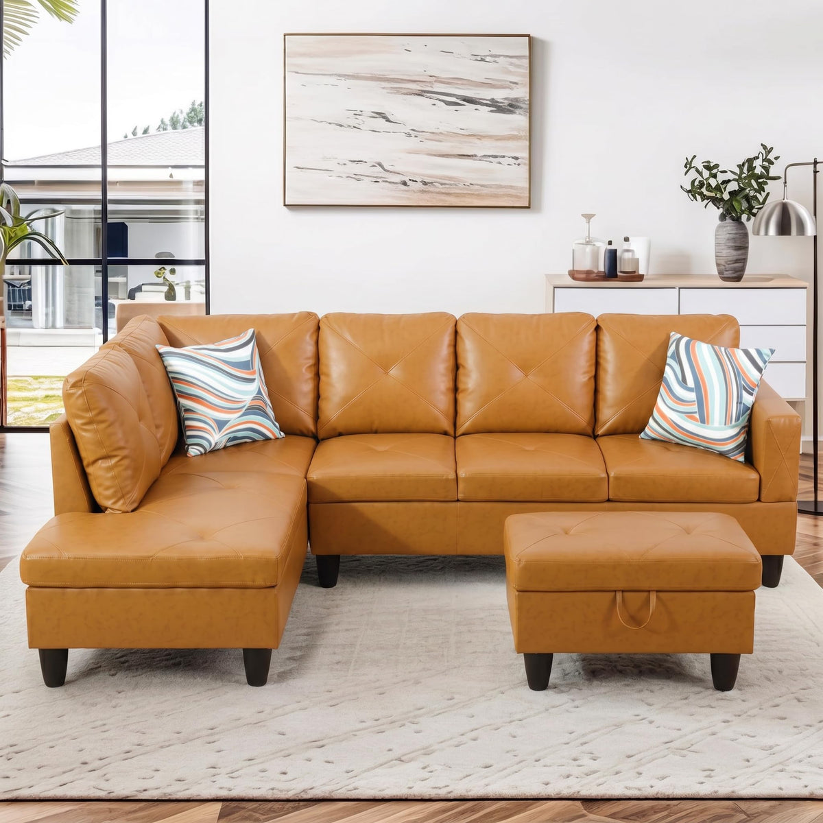 97.5" Leather L Shaped Couch with Left Chaise & Cup Holder, Sectional Sofas Modular Furniture Set with Storage Ottoman, Convertible Couches for Living Room, Office & Small Space (Black)