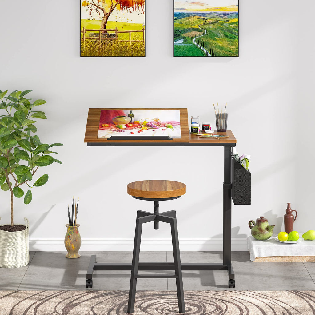 Tribesigns Height Adjustable C Shaped End Table with Wheels and Side Pocket, Mobile Sofa Snack Table with Tiltable Drawing Board, Laptop Side Tray Table for Couch Bed (Rustic Brown)