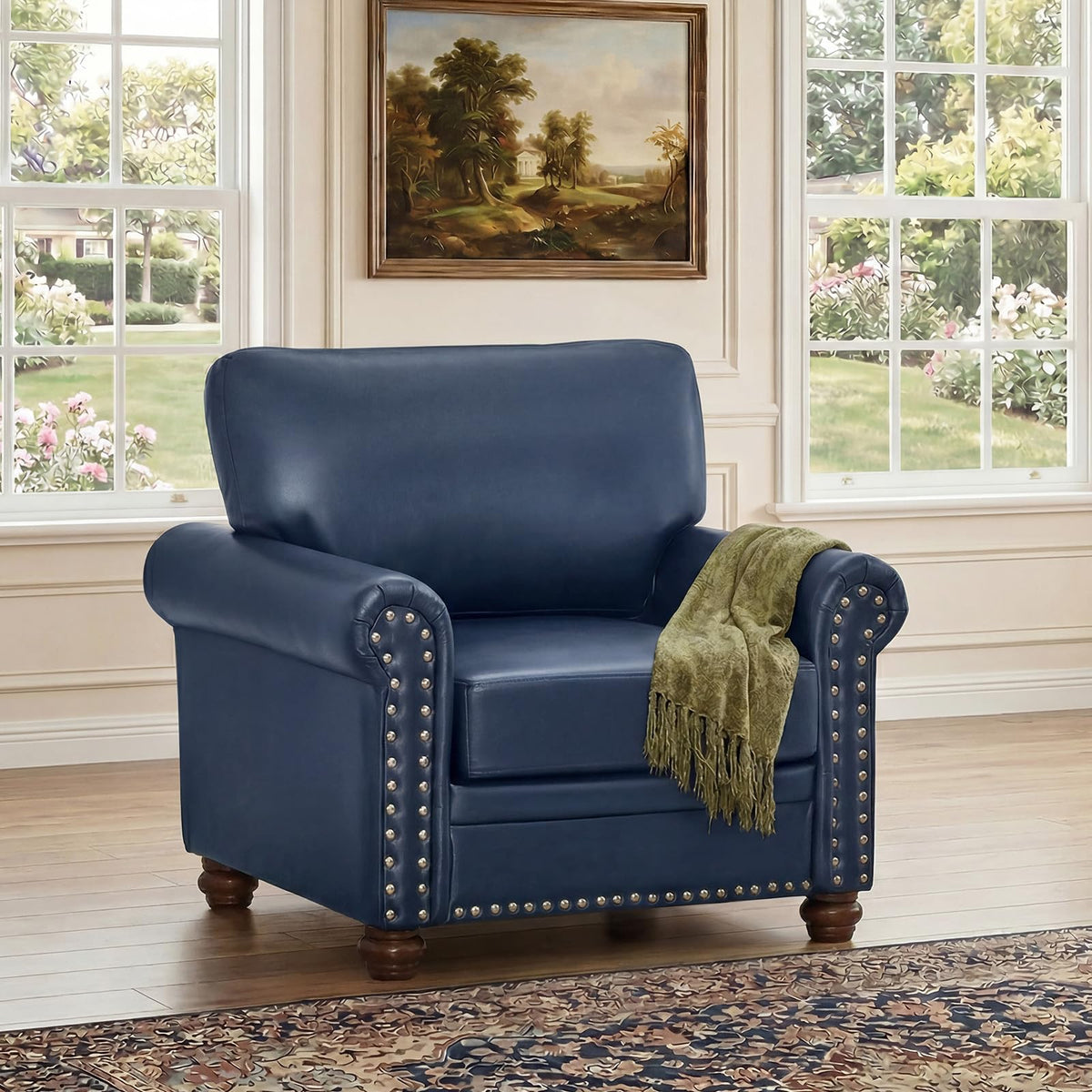 2 Piece Couch Sets for Living Room,Mid Century Modern Couch with Storage Nailhead Trim & Rolled Armrests,Deep Seat Comfy Couch,Furniture Set for Living Room,Bedroom,Office(Navy Blue,Loveseat+3 Seater)