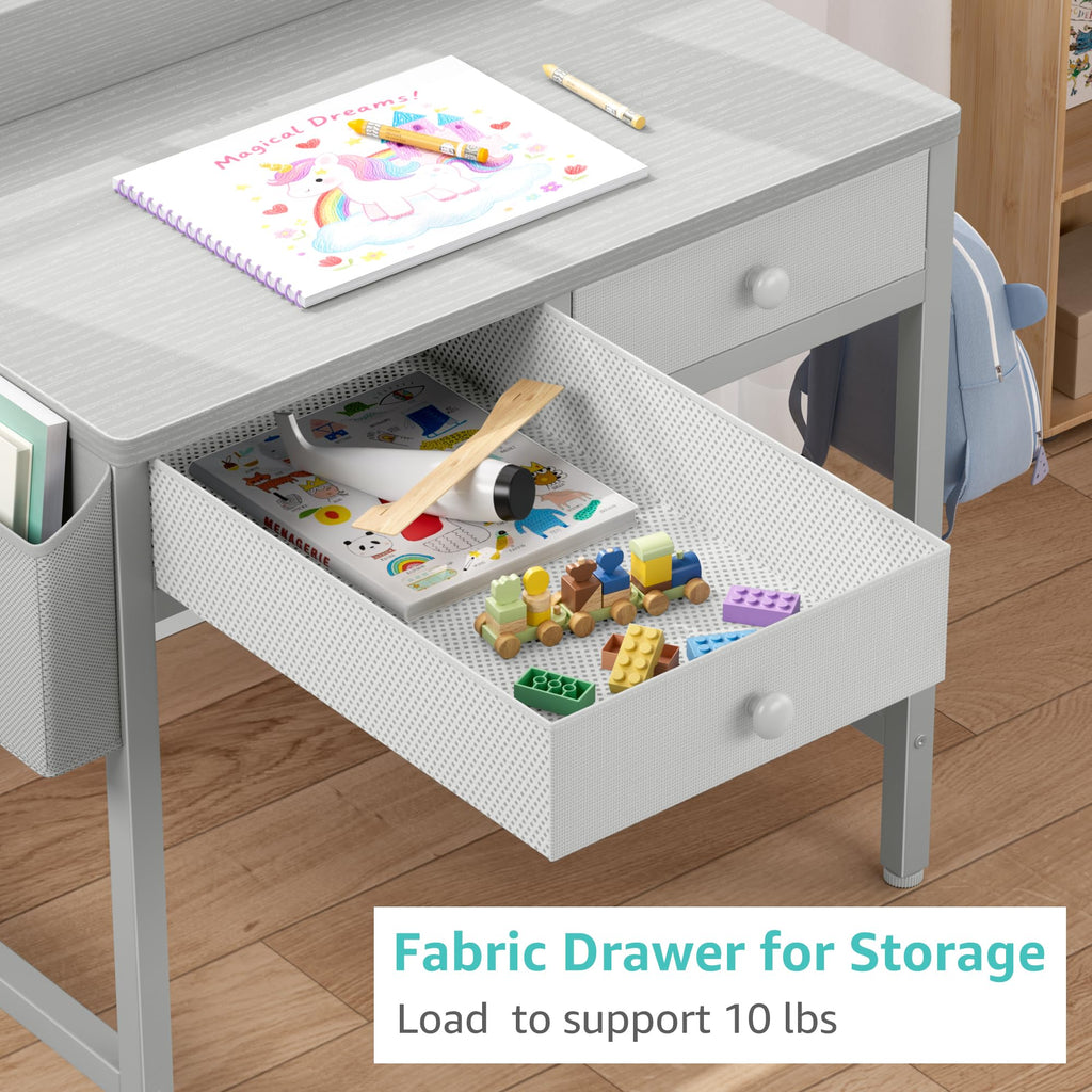 BOLUO White Kids Desk and Chair Set for 5-8 Year Old, Small Child Desk with Fabric Drawer, Children Study Table with Storage Toddler Girls Boys