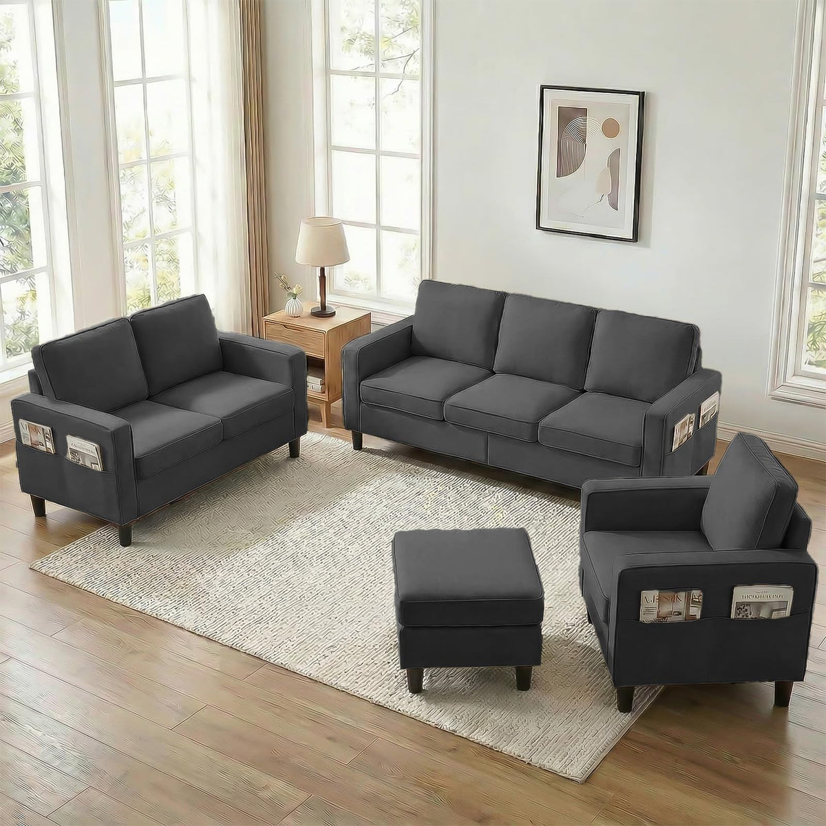 Mjkone 78"W 3 Pieces Sofa Couches Set for Living Room Sets Furniture, Sectional L Shaped 3-Seater Small Sofas Couch and Loveseat Sets with Storage Ottoman and Side Pockets for Home Office, Light Gray