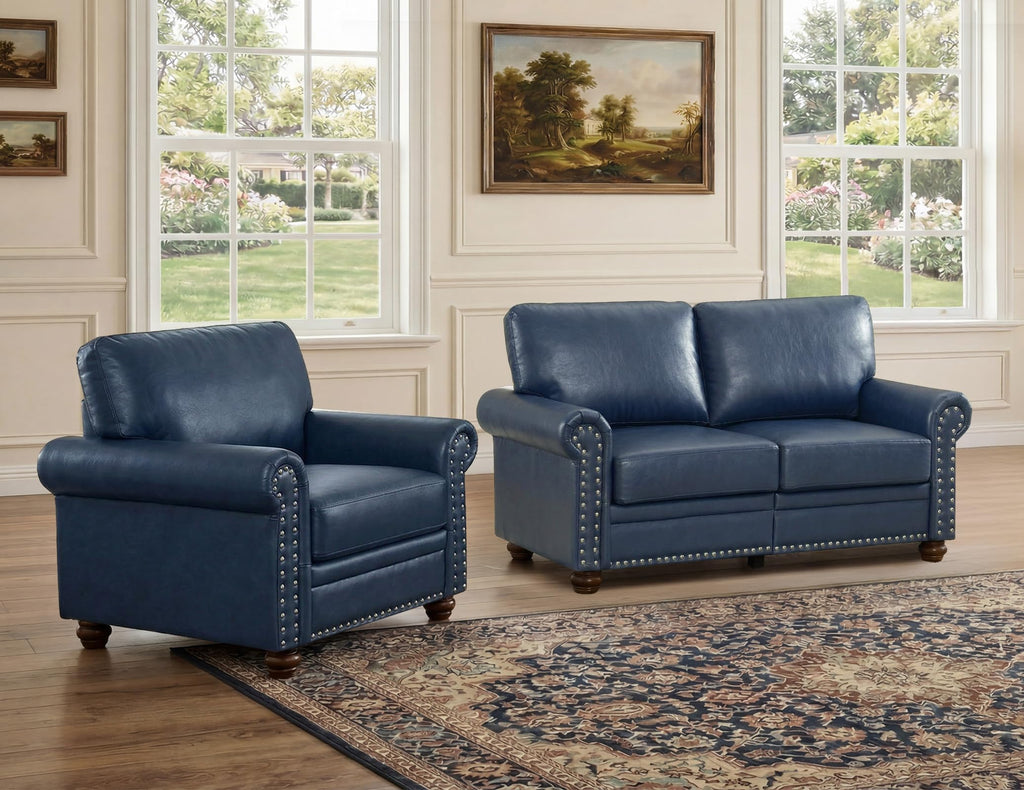 2 Piece Couch Sets for Living Room,Mid Century Modern Couch with Storage Nailhead Trim & Rolled Armrests,Deep Seat Comfy Couch,Furniture Set for Living Room,Bedroom,Office(Navy Blue,Loveseat+3 Seater)