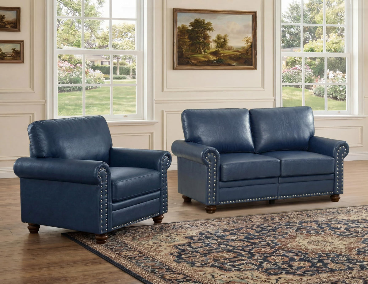 2 Piece Couch Sets for Living Room,Mid Century Modern Couch with Storage Nailhead Trim & Rolled Armrests,Deep Seat Comfy Couch,Furniture Set for Living Room,Bedroom,Office(Navy Blue,Loveseat+3 Seater)
