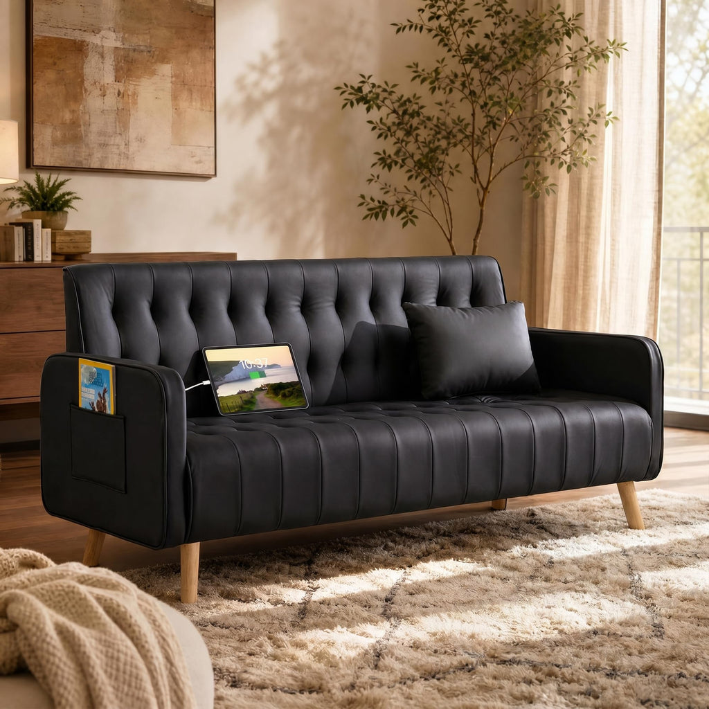 57â Small Faux Leather Loveseat Couch and Accent Chair Set of 2 (3, Black)
