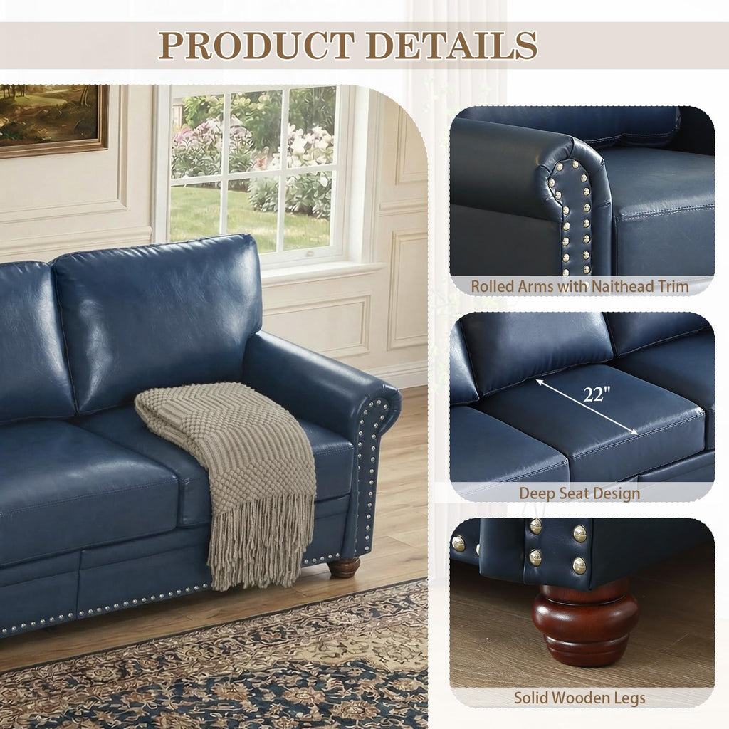 2 Piece Couch Sets for Living Room,Mid Century Modern Couch with Storage Nailhead Trim & Rolled Armrests,Deep Seat Comfy Couch,Furniture Set for Living Room,Bedroom,Office(Navy Blue,Loveseat+3 Seater)