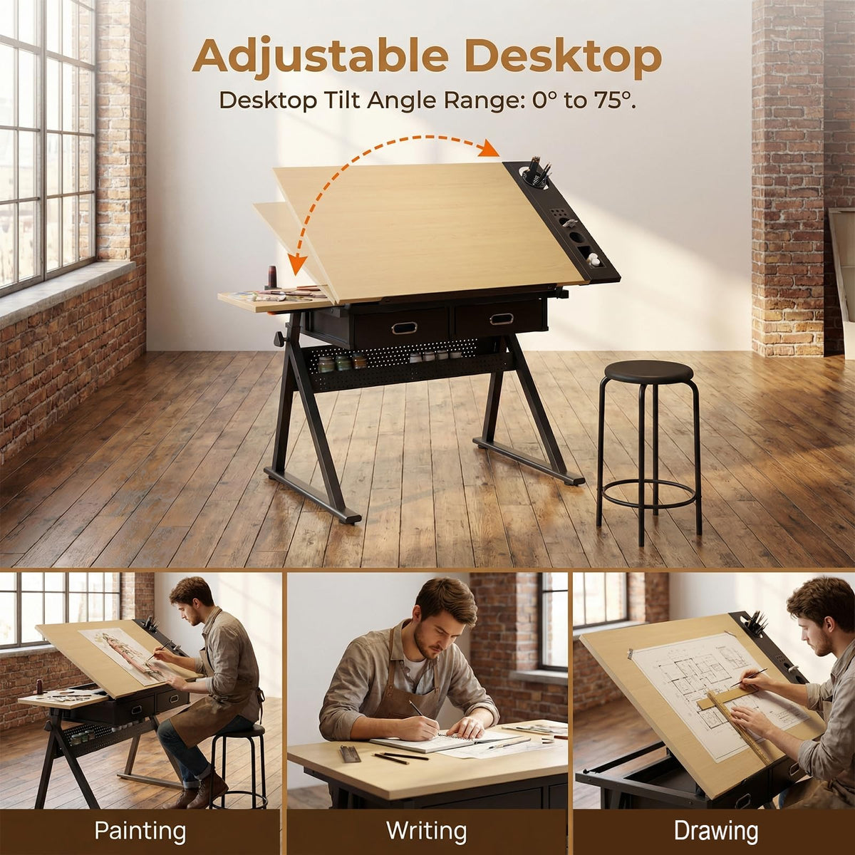 Drafting Table with Stool Height Adjustable Art Craft Desk with Storage, Tilting MDF Tabletop, Expansion Board, Drawing Table for Home Office, Artists, Painters (Rustic Brown)