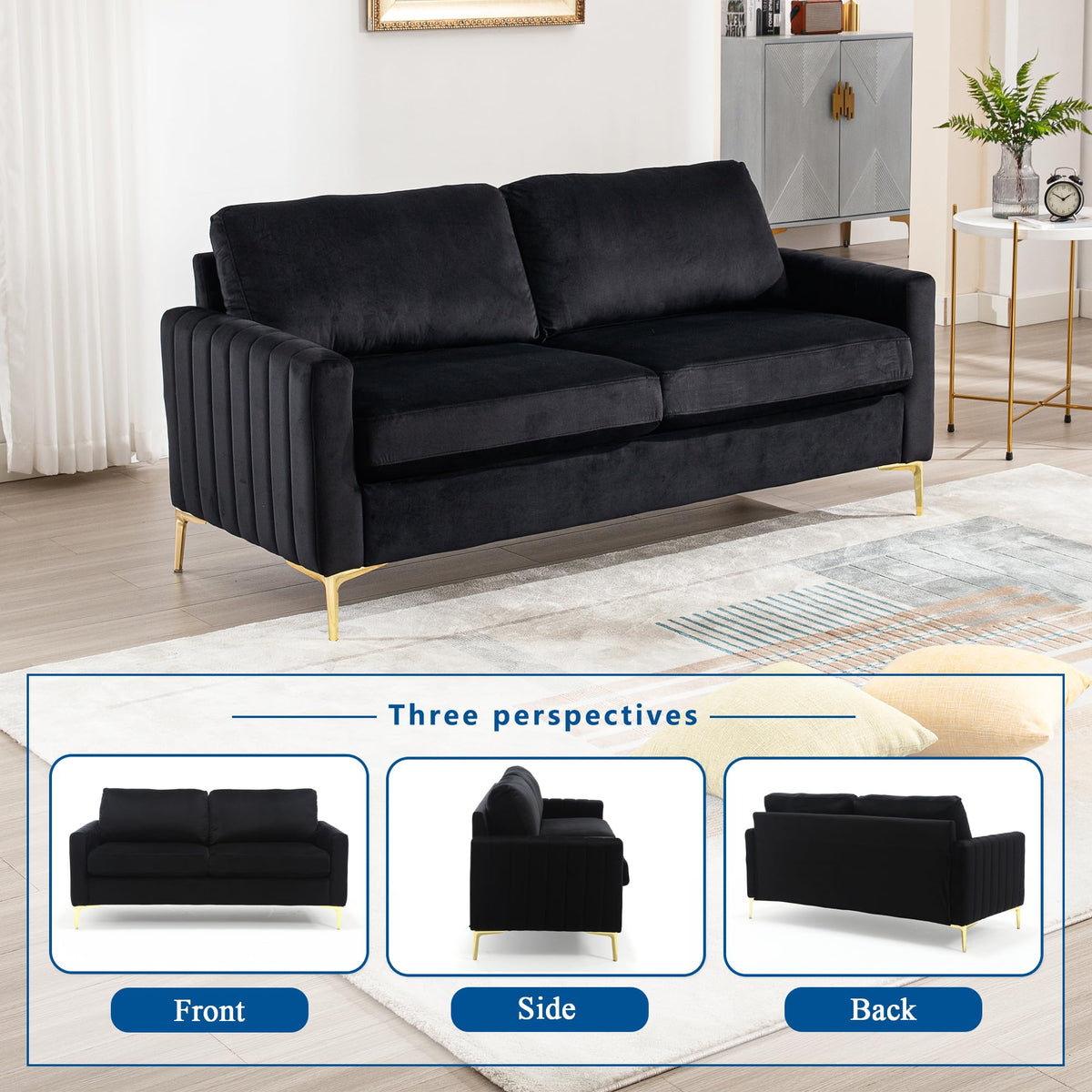 2 Piece Sofa and Loveseat Set, Comfy Tufted Velvet Couch and Loveseat Sets Furniture with Gold Leg, Mid Century Modern Couch Soft Upholstered Sofa Set of 2 for Living Room Bedroom Office (Navy Blue)