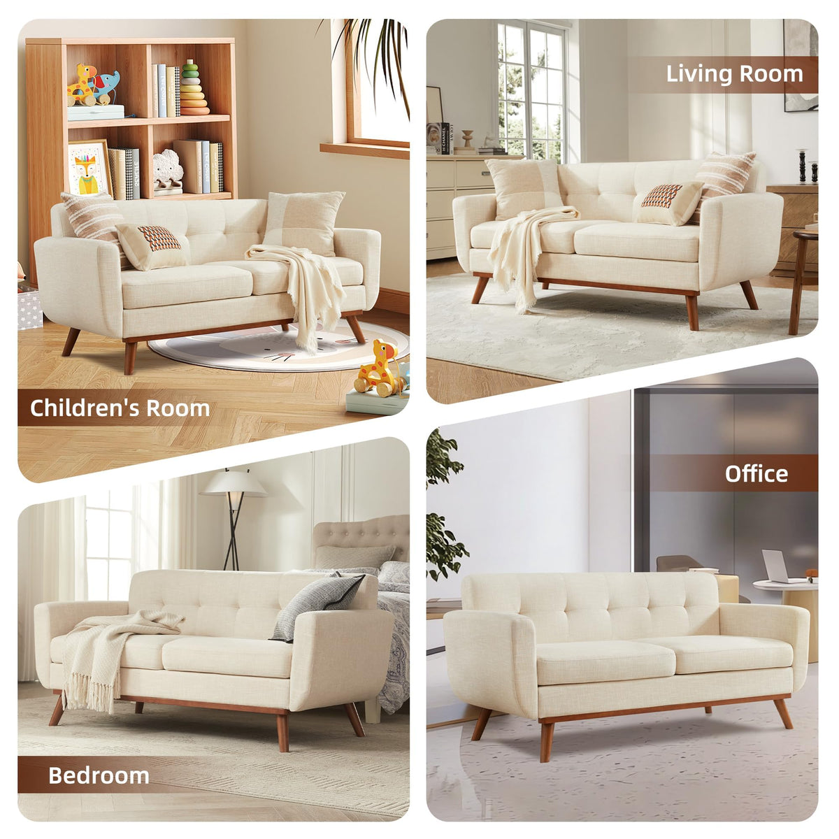 Kingfun 2 Piece Loveseat and Sofa Sets, Mid Century Modern Love Seat Couches for Living Room, Button Tufted Upholstered Furniture, Small Couch for Bedroom, Office, Beige