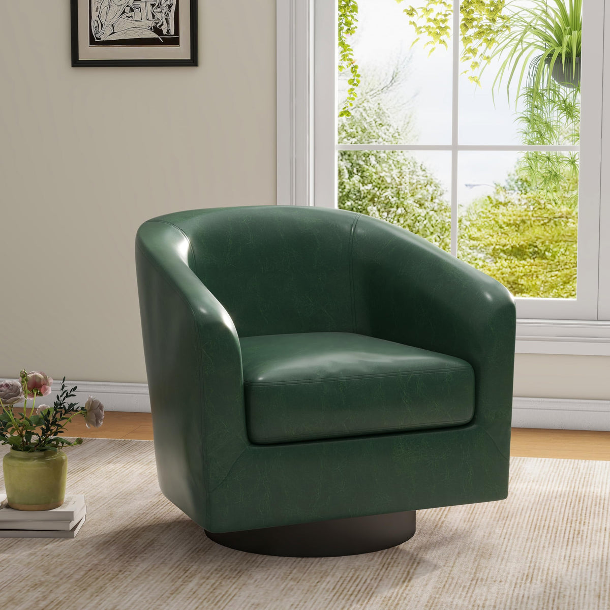 Faux Leather Swivel Accent Chairs Set of 2, Barrel Armchair, Brown