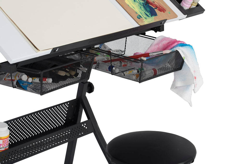 Studio Designs Fusion Drafting Table with Integrated LED Light Pad, Height & Angle Adjustable Tempered Glass Light Table, Artograph Light Pad, Storage Drawers & Side Shelf