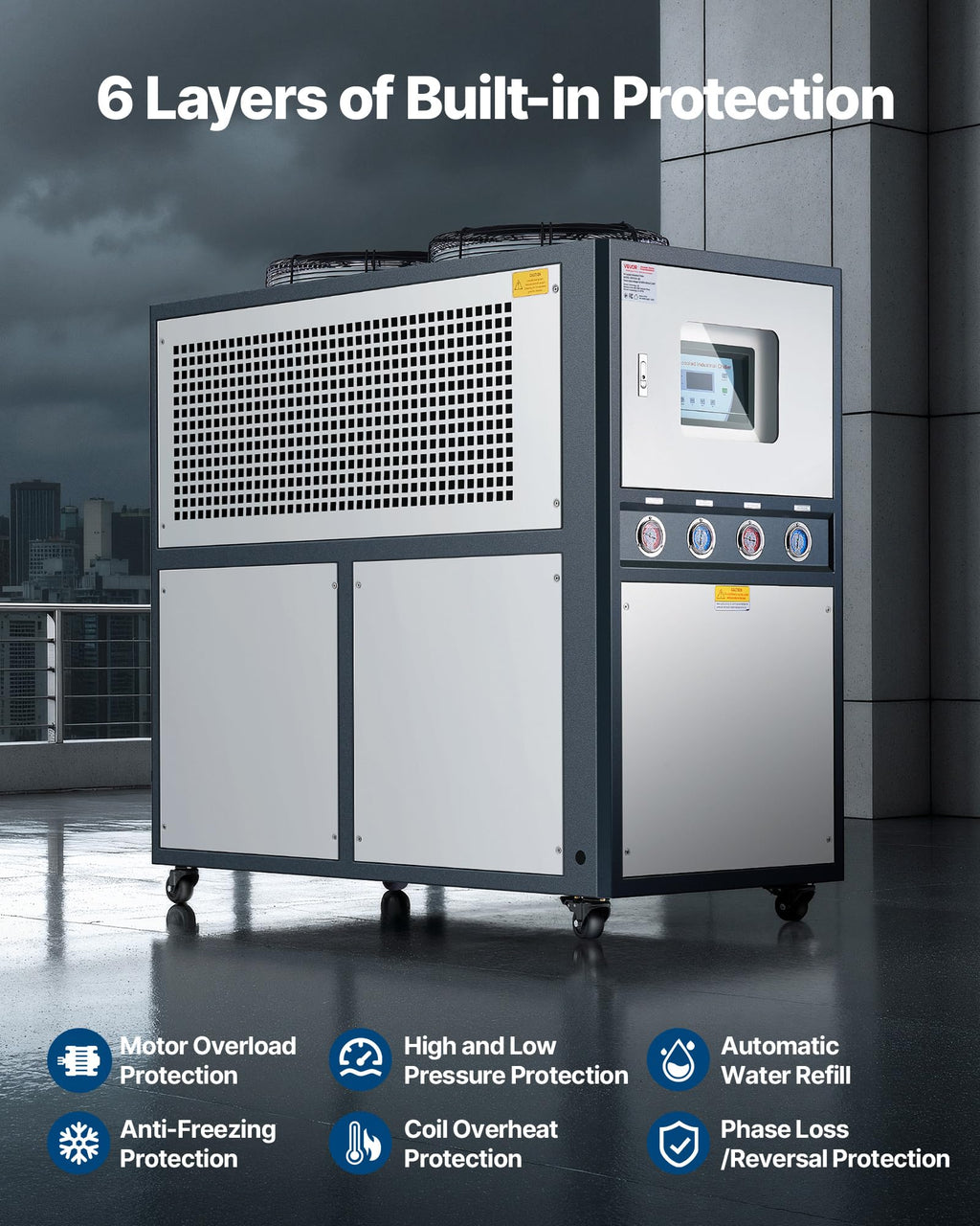 VEVOR Air Cooled Water Chiller, 5 Ton Portable, 5HP/3.75KW Compressor Motor, 53L Capacity Stainless Steel Water Tank, Finned Condenser with Micro-Computer Control, Industrial Chiller for Cooling Water