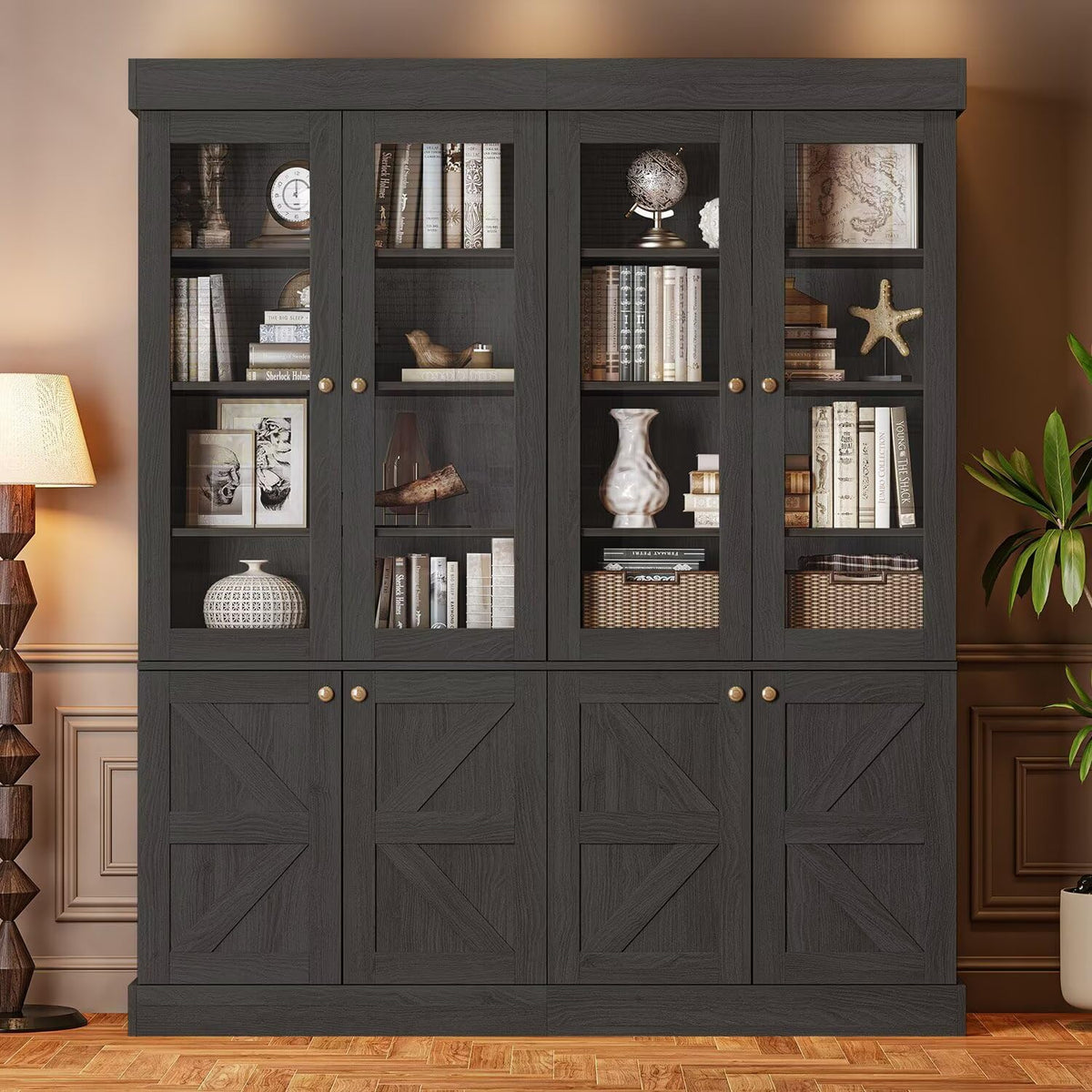 Vyre 71" Tall Farmhouse Bookshelves with Drawers, Set of 3 â Large Modular Bookcase with Adjustable Shelves, Storage Cabinet for Living Room, Kitchen, Home Office, Brown