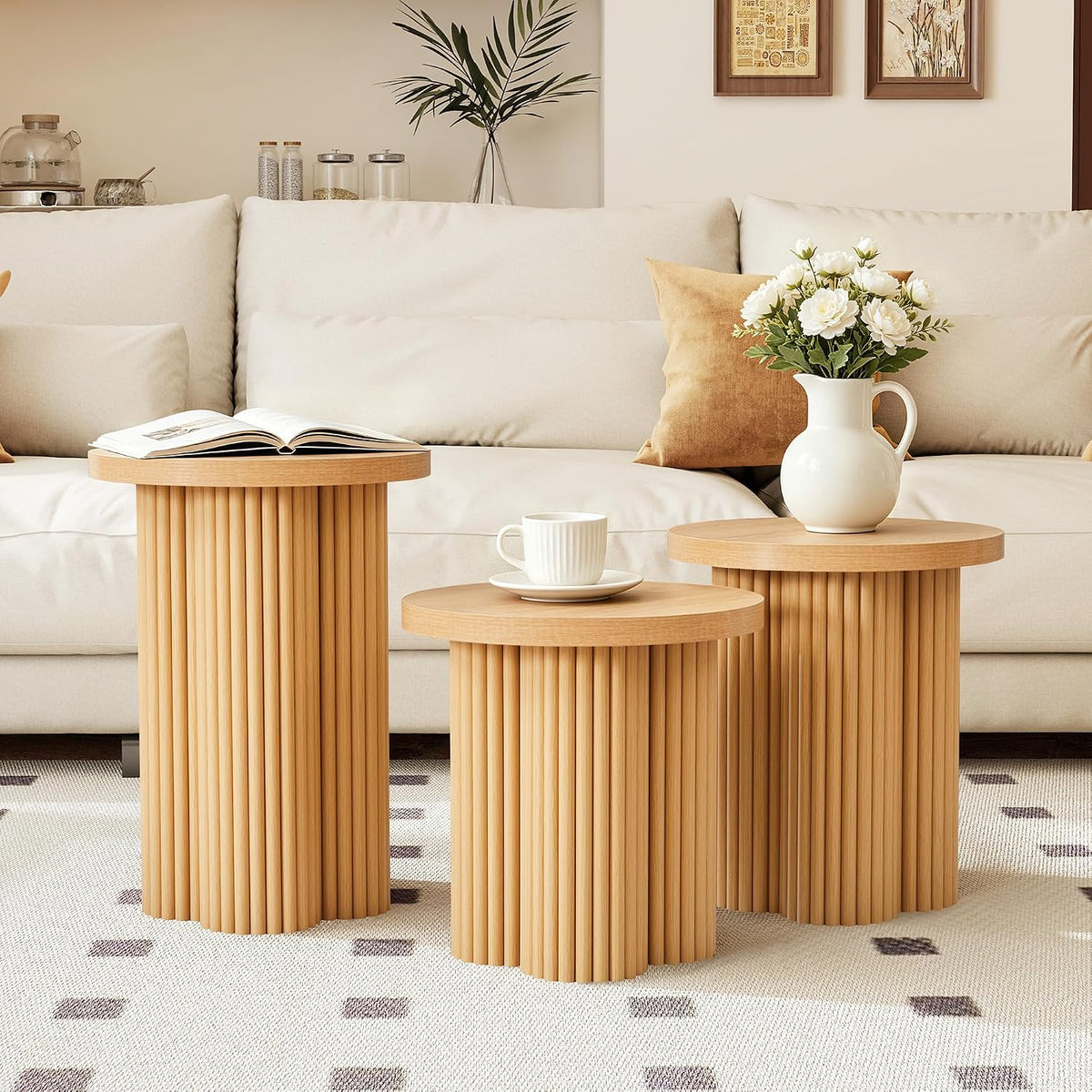 Round Nesting Coffee Table Set of 3 Fluted Coffee Table (Natural)