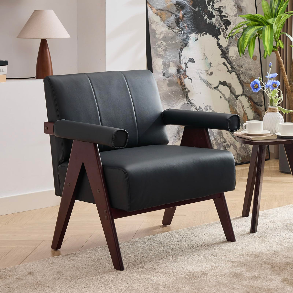 STHOUYN Faux Leather Accent Chairs Set of 2, Wooden Arm Chairs (Black)