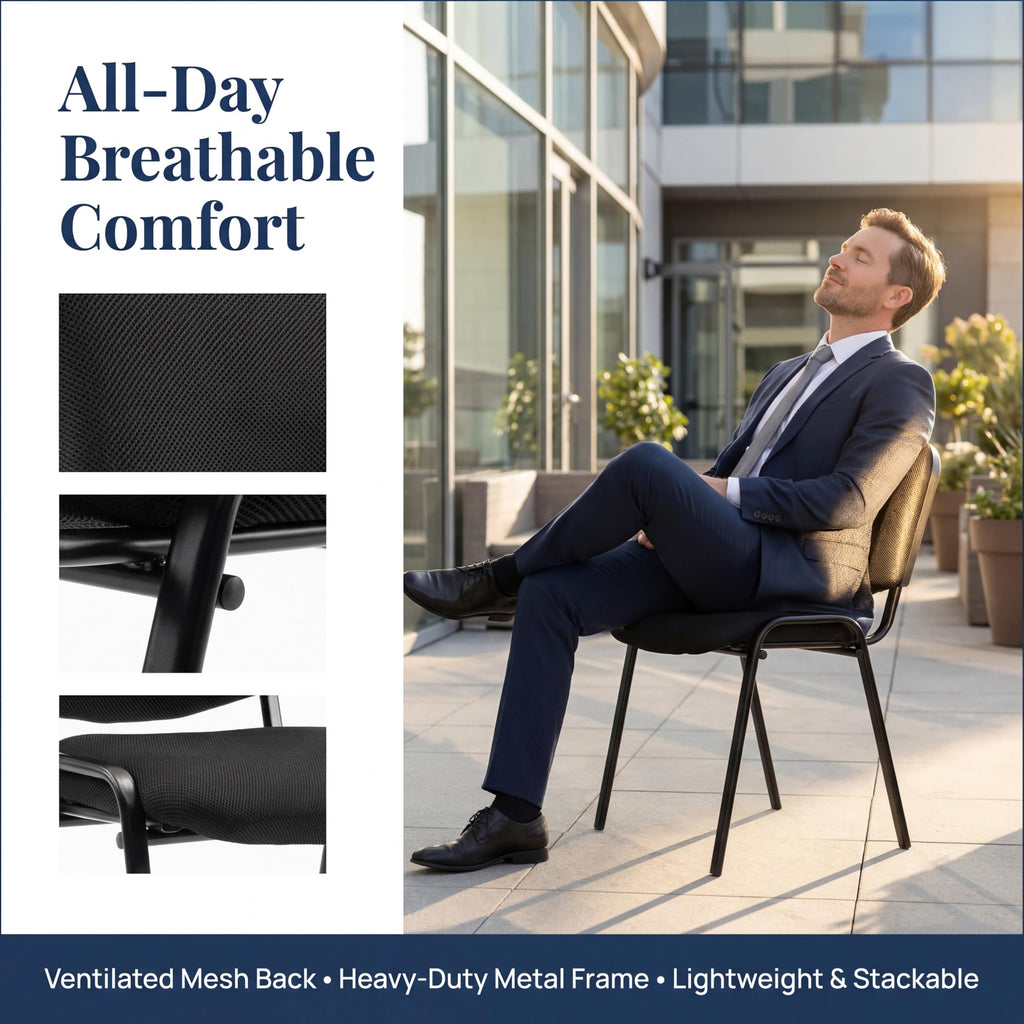 Stackable Office Guest Chairs, Reception Waiting Room Chairs with Padded Seat & Back, Armless No Wheels Conference Chairs for Training, Meeting, Lobby, Set of 5, Black Mesh Fabric