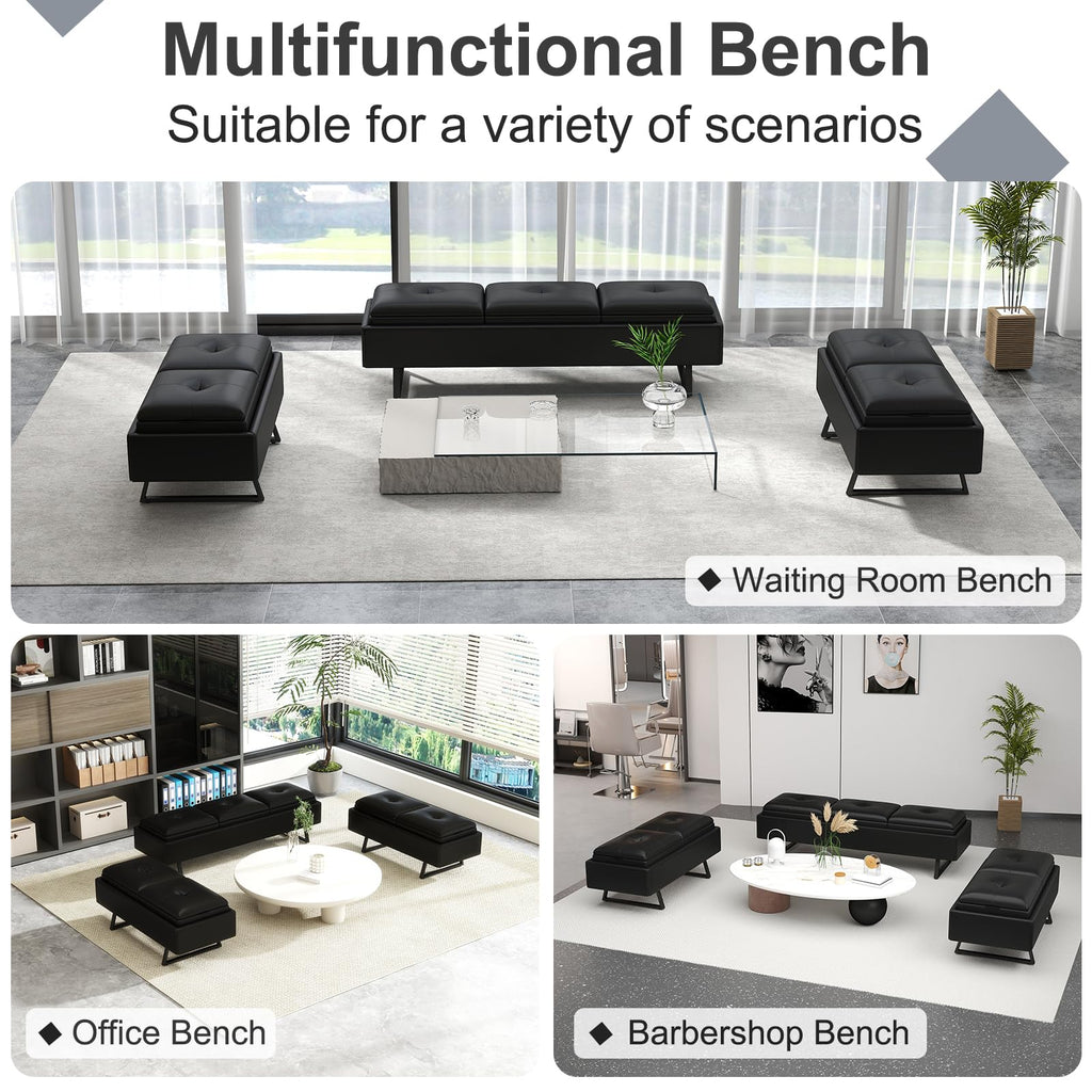 MOTION Leather Bench Waiting Room Chairs - 3 Seat Office Guest Reception Bench with Cushion, Waiting Room Bench Seating, Office Furniture Lobby Chairs for Salon, Shop, Set of 2, Orange