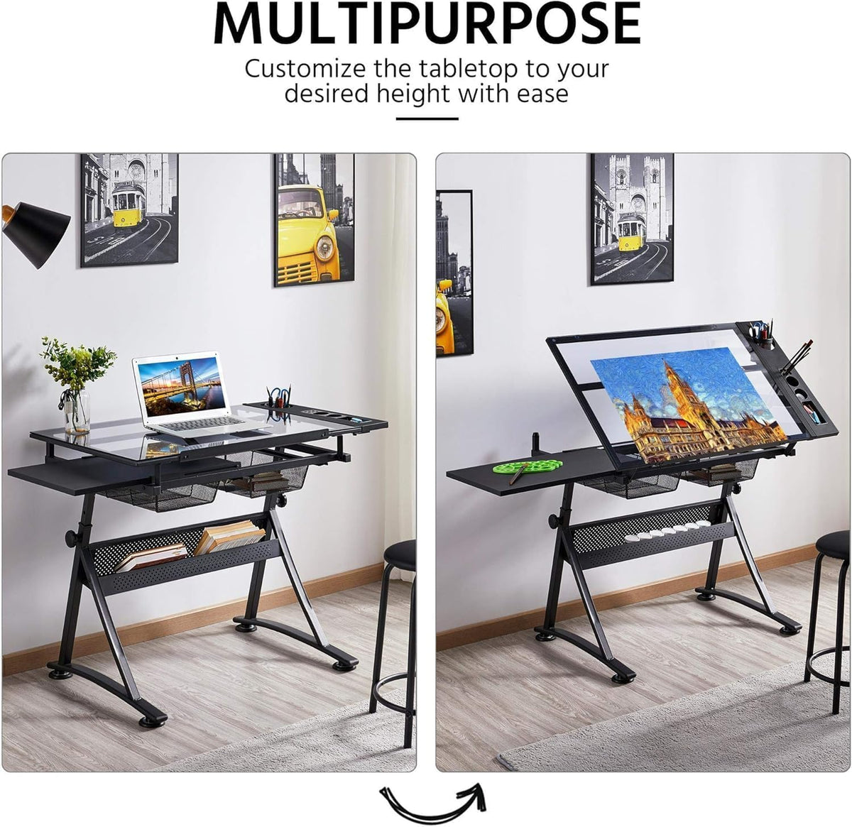 Drafting Table w/Stool, Height Adjustable Multifunctional Drawing Table