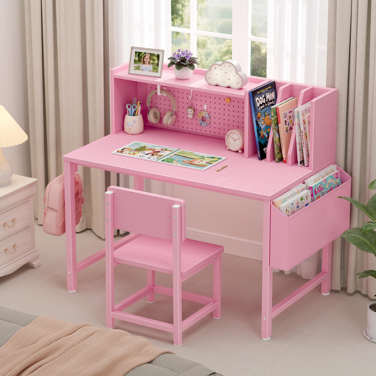BOLUO Kids Desk and Chair Set for 6-12 Year Old, Children Study Desk with Hutch and Pegboard, Student Writing Table with Storage Shelf for Girls Boys