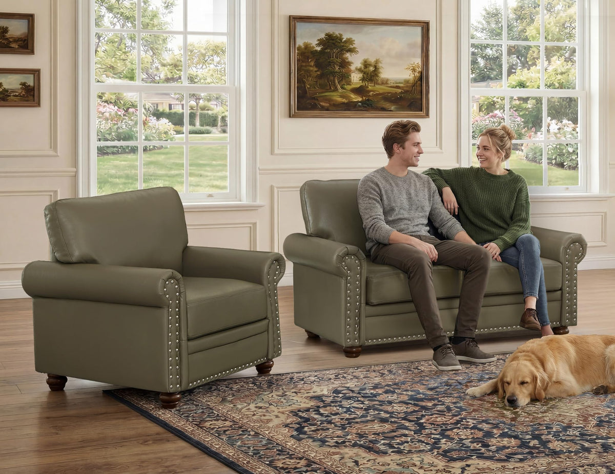 2 Piece Couch Sets for Living Room,Mid Century Modern Couch with Storage Nailhead Trim & Rolled Armrests,Deep Seat Comfy Couch,Furniture Set for Living Room,Bedroom,Office(Navy Blue,Loveseat+3 Seater)